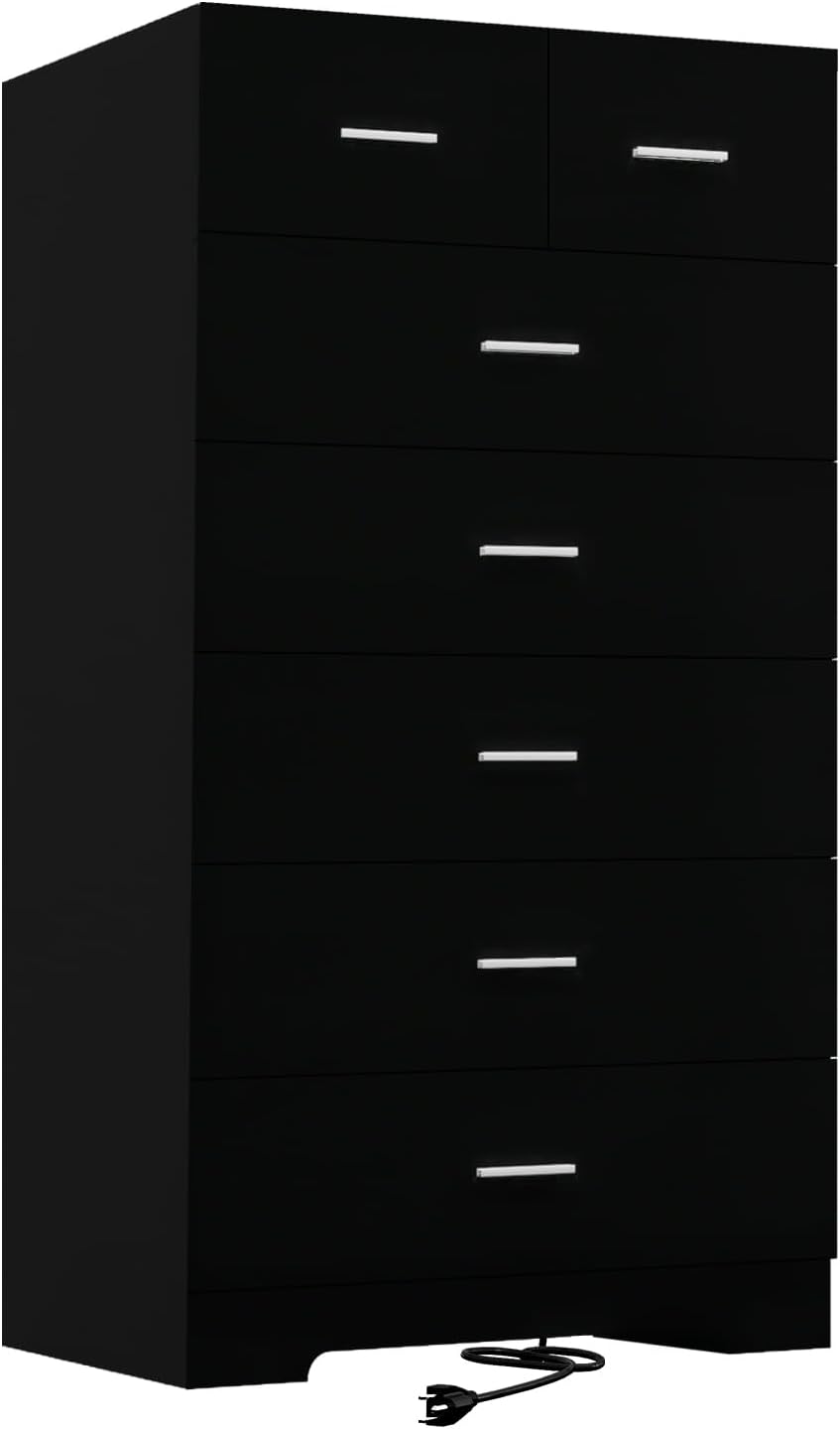Dresser with Power Outlets Wooden 6 Drawer Dresser with Large Organizer Black Tall Storage Organizer with Smooth Metal Rail Modern Chest of Drawers Closet for Bedroom Hallway