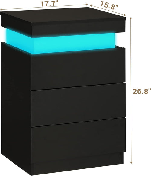 ADORNEVE Nightstand with Charging Station and LED Lights,Night Stand with Sliding Top,Bedside Table with Drawers,Modern End Side Table for Bedroom,Black
