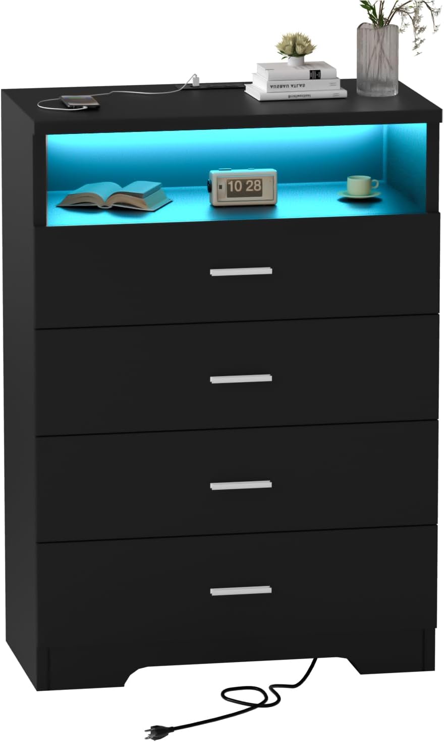 Dresser with Power Outlets Wooden 6 Drawer Dresser with Large Organizer Black Tall Storage Organizer with Smooth Metal Rail Modern Chest of Drawers Closet for Bedroom Hallway