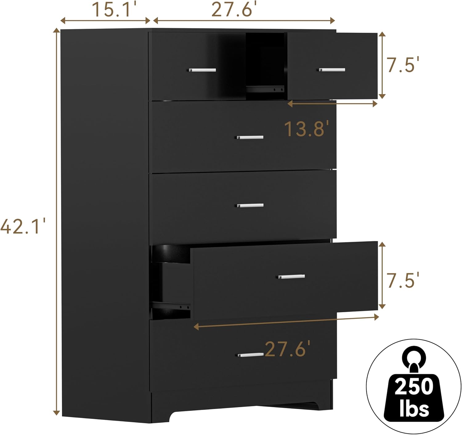 Dresser with Power Outlets Wooden 6 Drawer Dresser with Large Organizer Black Tall Storage Organizer with Smooth Metal Rail Modern Chest of Drawers Closet for Bedroom Hallway