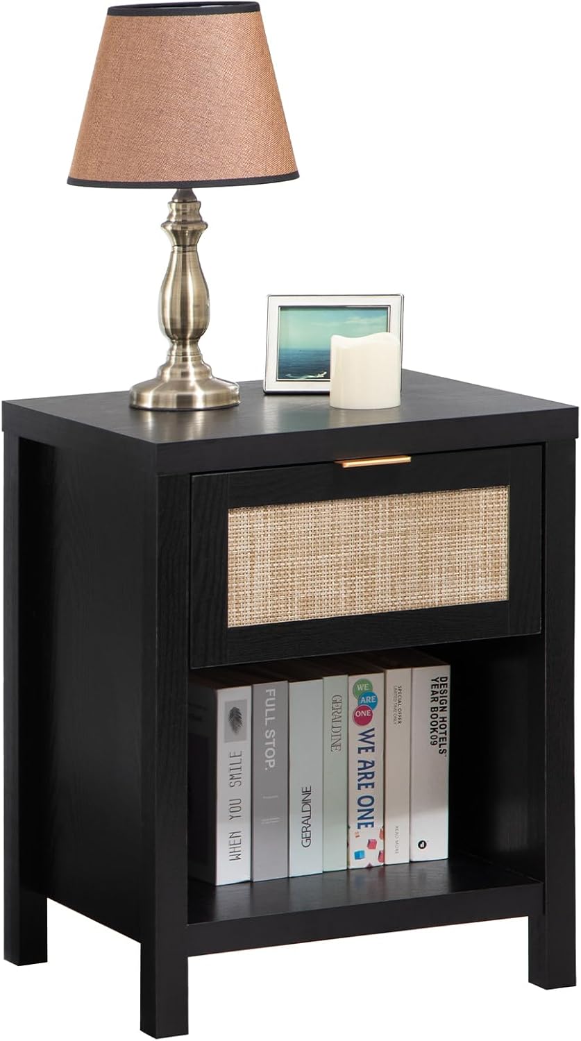 SICOTAS Rattan Nightstands Set of 2 - Farmhouse Night Stand with Drawer and Storage Shelf - Boho Bedside Table End Side Table for Bedroom, Oak