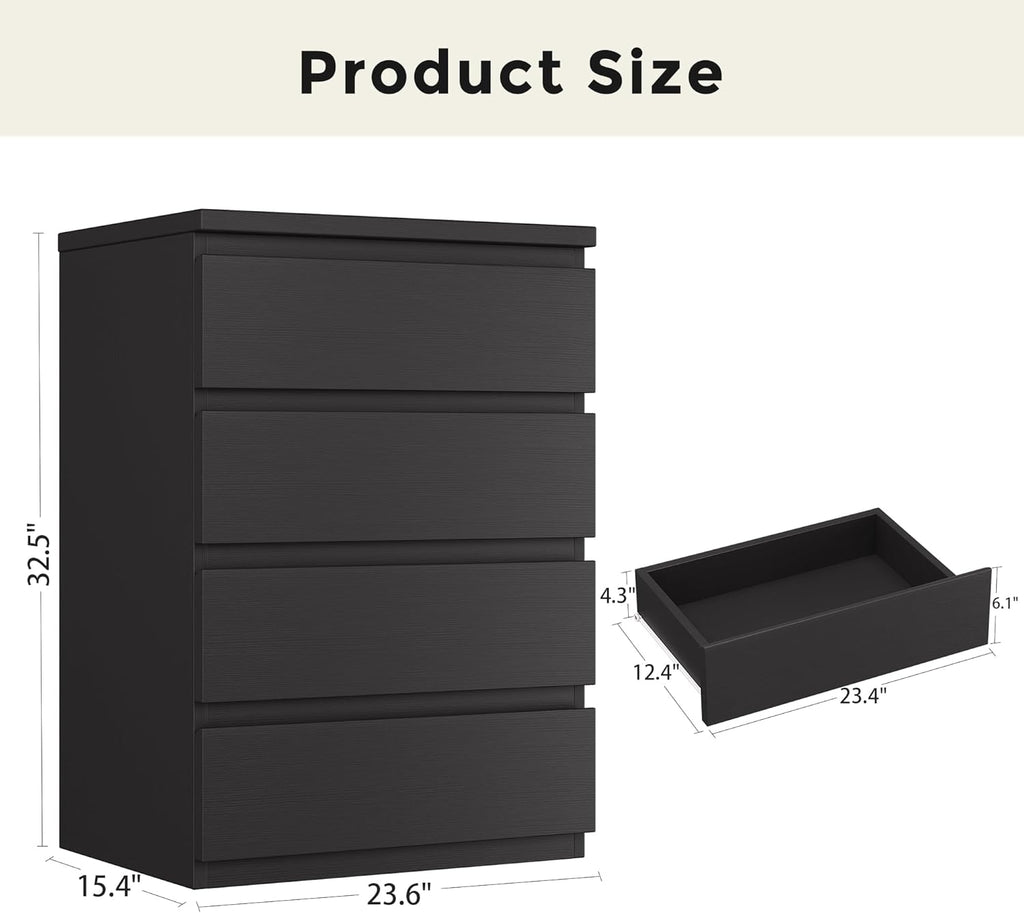 4 Drawer Dresser for Bedroom, Black Dresser Chest of Drawers - Large Wood Dressers TV Stand with Deep Drawers Dressers for Living Room, Hallway, Entryway - Black