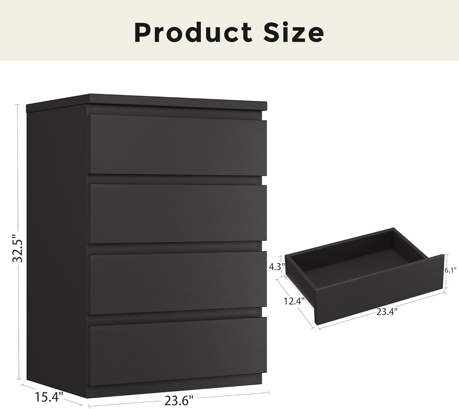 4 Drawer Dresser for Bedroom, Black Dresser Chest of Drawers - Large Wood Dressers TV Stand with Deep Drawers Dressers for Living Room, Hallway, Entryway - Black