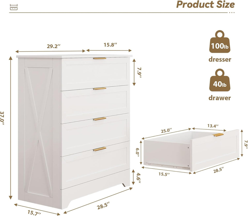 White 4 Drawer Dresser for Bedroom, Tall Bedroom Dresser with Large Drawer & Golden Handles, Wooden Storage Organizer Cabinet Chest of Drawer for Closet, Living Room, Hallway, Children's Room