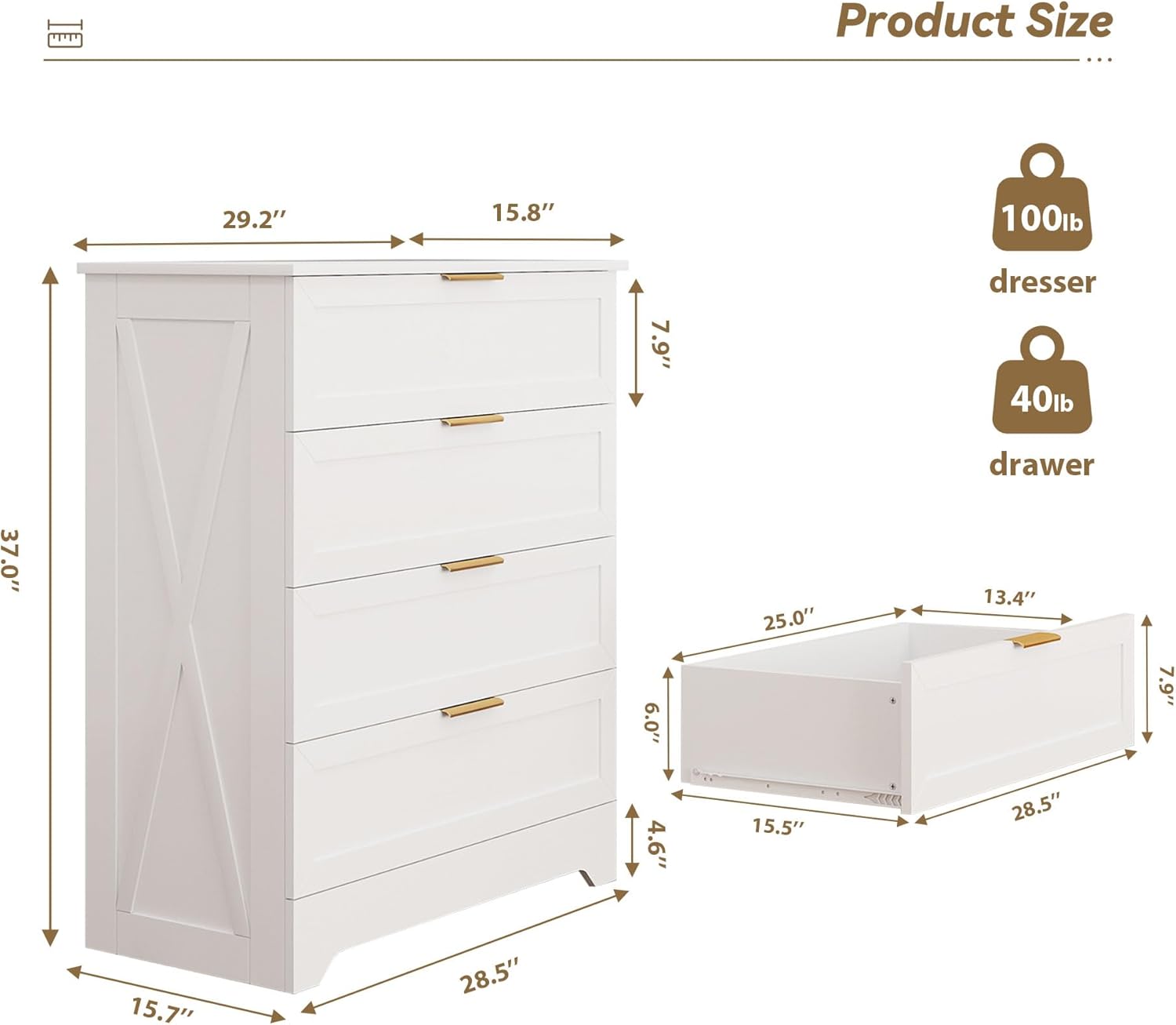 White 4 Drawer Dresser for Bedroom, Tall Bedroom Dresser with Large Drawer & Golden Handles, Wooden Storage Organizer Cabinet Chest of Drawer for Closet, Living Room, Hallway, Children's Room