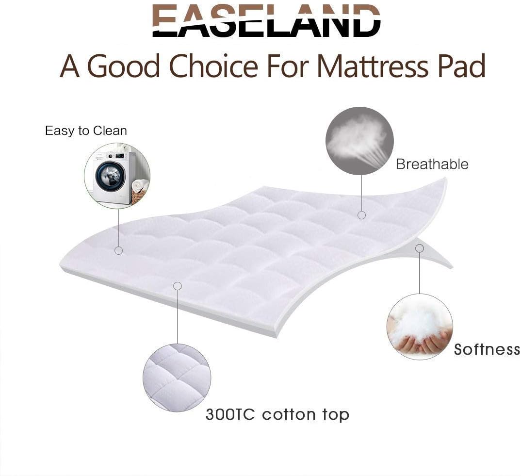 EASELAND Queen Size Mattress Pad Pillow Top Mattress Cover Quilted Fitted Mattress Protector Cotton Top Stretches up 8-21" Deep Pocket Cooling Mattress Topper (60x80 inch, White)