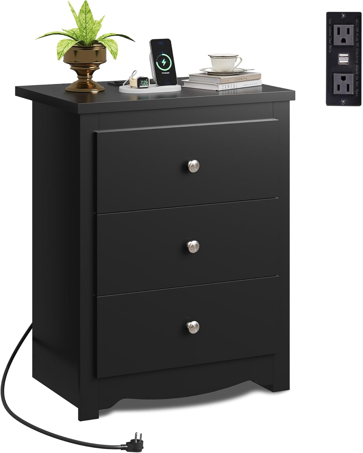 WLIVE Tall Nightstand with Charging Station, Wood Night Stand with 3 Drawers Storage, Bedside Table End Side Tables with 2 USB Ports and Outlets for Bedroom, Closet, Espresso