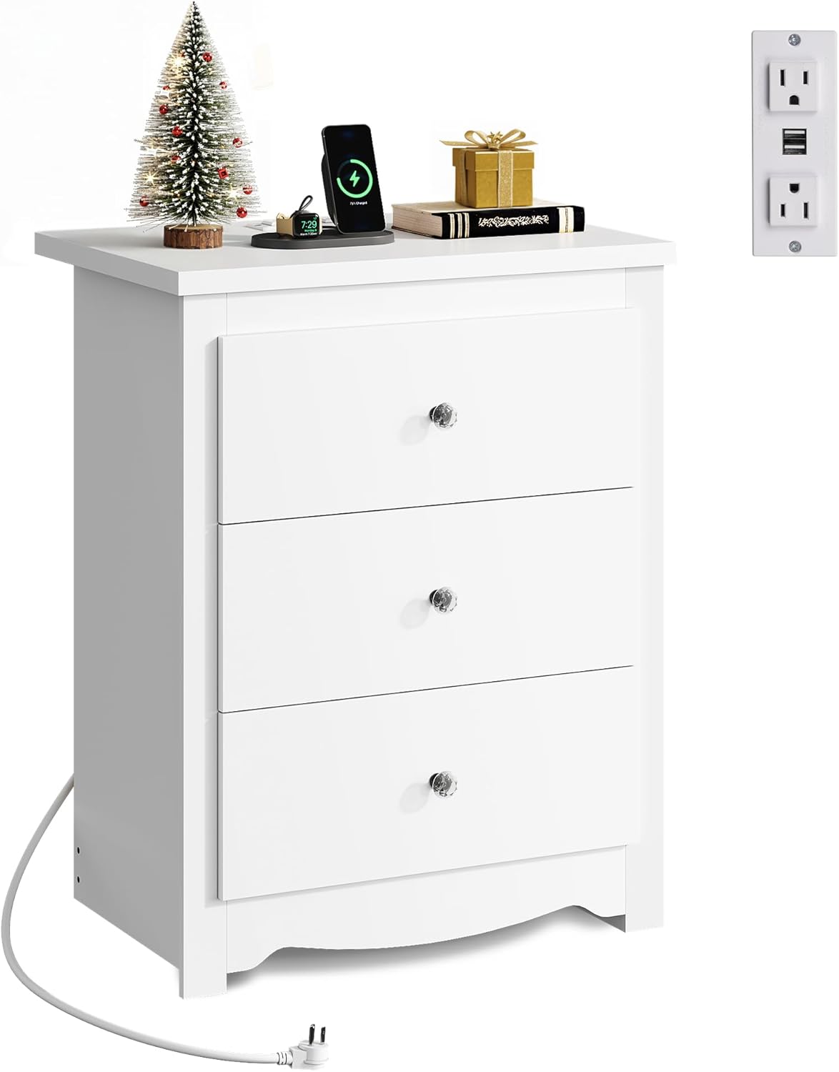 WLIVE Tall Nightstand with Charging Station, Wood Night Stand with 3 Drawers Storage, Bedside Table End Side Tables with 2 USB Ports and Outlets for Bedroom, Closet, Espresso