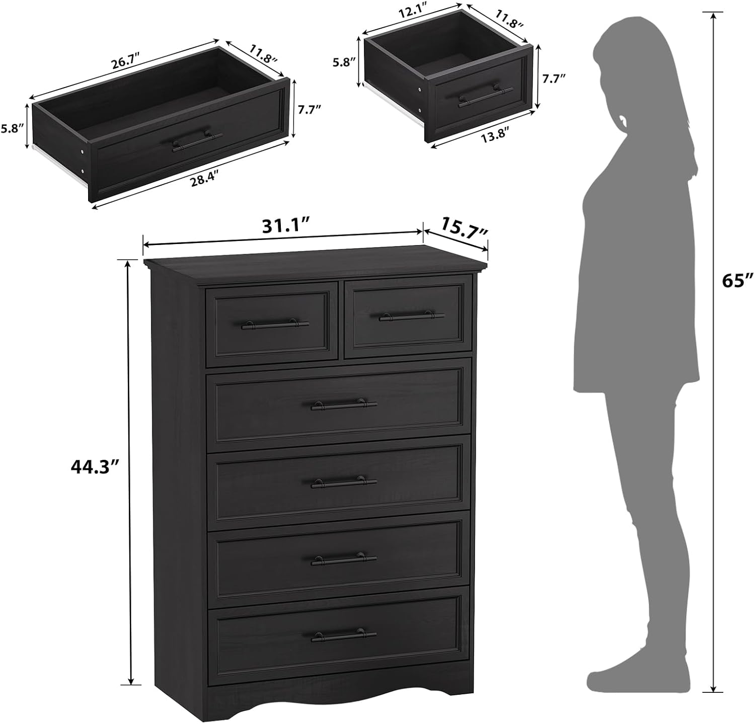 Black Dresser for Bedroom, Modern 6 Chest of Drawers, 44" Tall Chest of Drawers w/Brushed Metal Handle, Wood Closet Organizers and Storage Cabinet for Bedroom, Living Room, Hallway