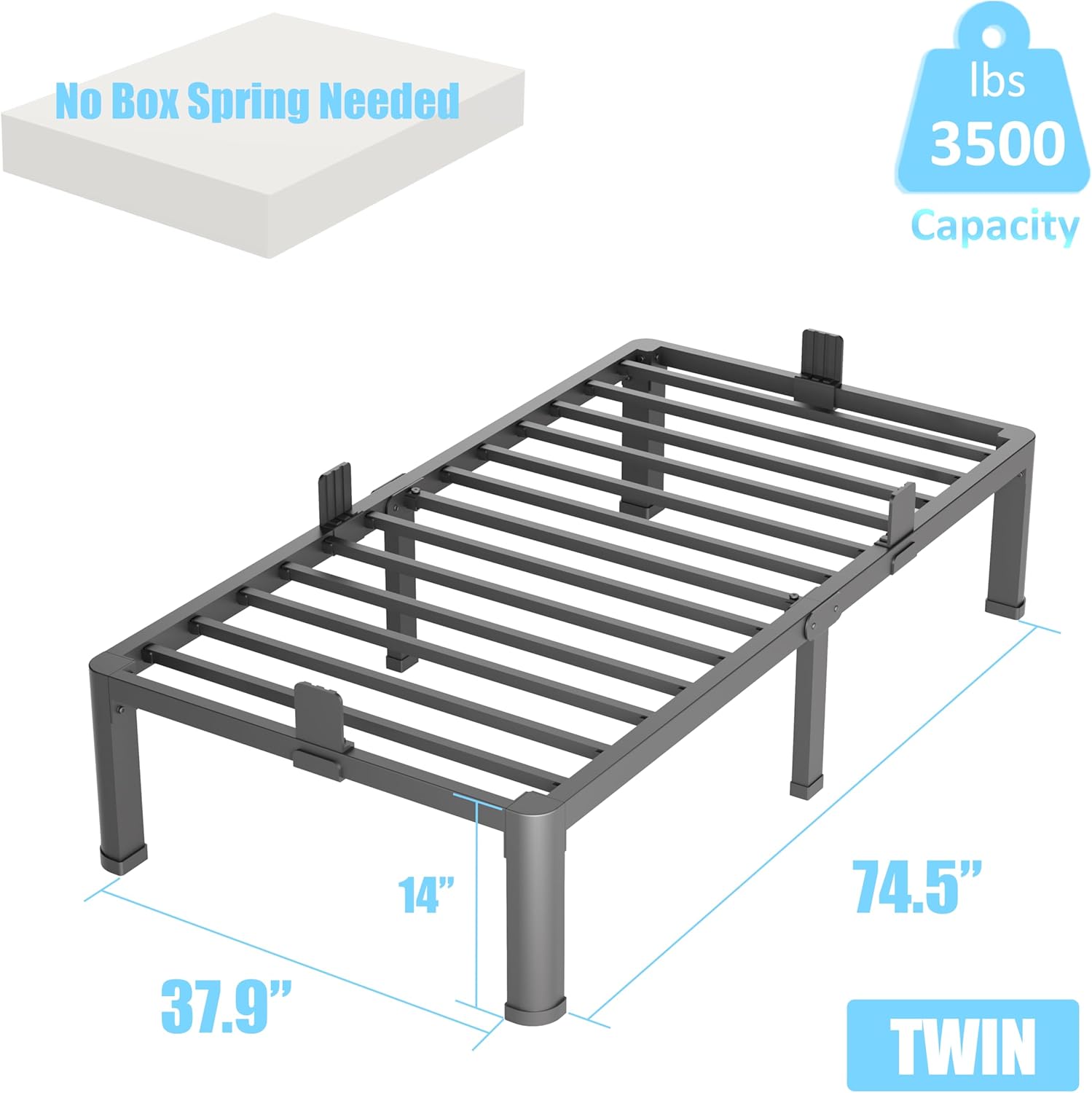 FUIOBYVV Twin Bed Frames with Round Corner Edge Legs, 14 Inch High 3500 lbs Heavy Duty Metal Platform Bed Frame Twin Size, No Box Spring Needed/Non-Slip/Steel Slat Support/Noise Free