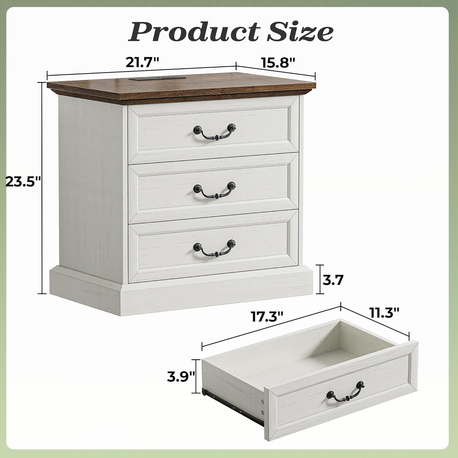 Huuger Nightstand with Charging Station, 3 Drawer Night Stand Set of 2, 22 Inch Wider Side Table with Storage, Farmhouse Nightstand with Vintage Handles, Thicken Base, for Bedroom, Distressed White