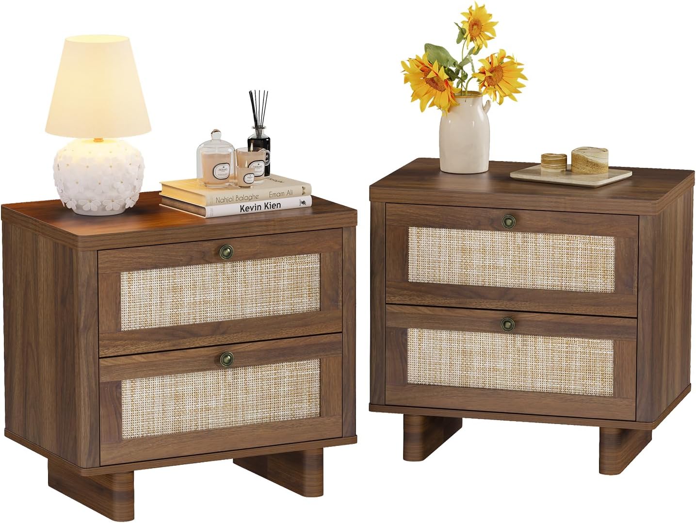 LAZZO Nightstands Set of 2 Large Night Stands 23.6" Wide Bedside Table Set of 2 with 2 Rattan Drawers and Bronze Ring Handles for Bedroom Walnut