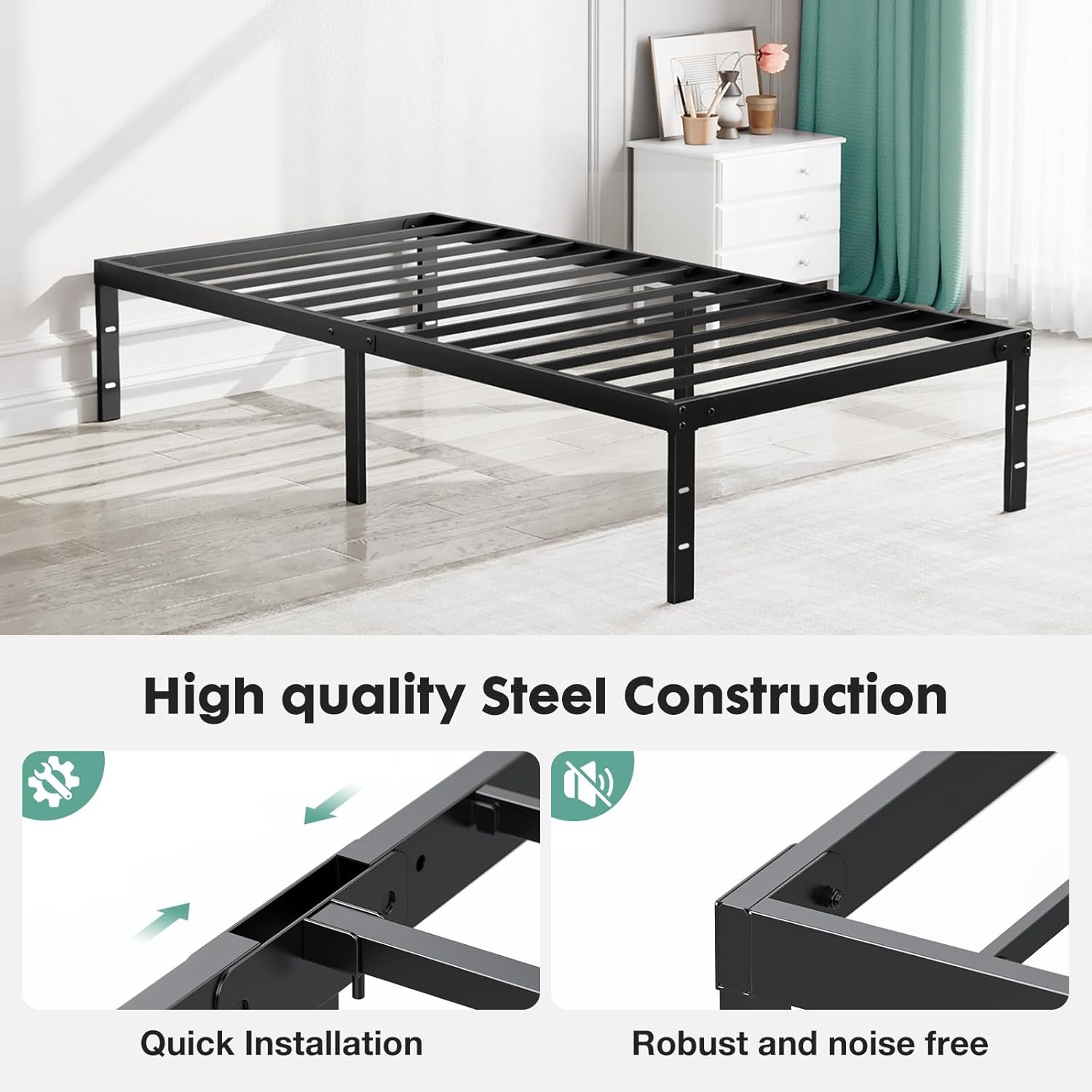 Sweetcrispy Twin Bed Frame - Heavy Duty Metal Platform Bed Frames Twin Size with Storage Space Under Frame, No Box Spring Needed, 14 Inches, Sturdy Steel Slat Support