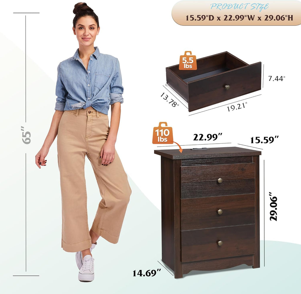 WLIVE Tall Nightstand with Charging Station, Wood Night Stand with 3 Drawers Storage, Bedside Table End Side Tables with 2 USB Ports and Outlets for Bedroom, Closet, Espresso