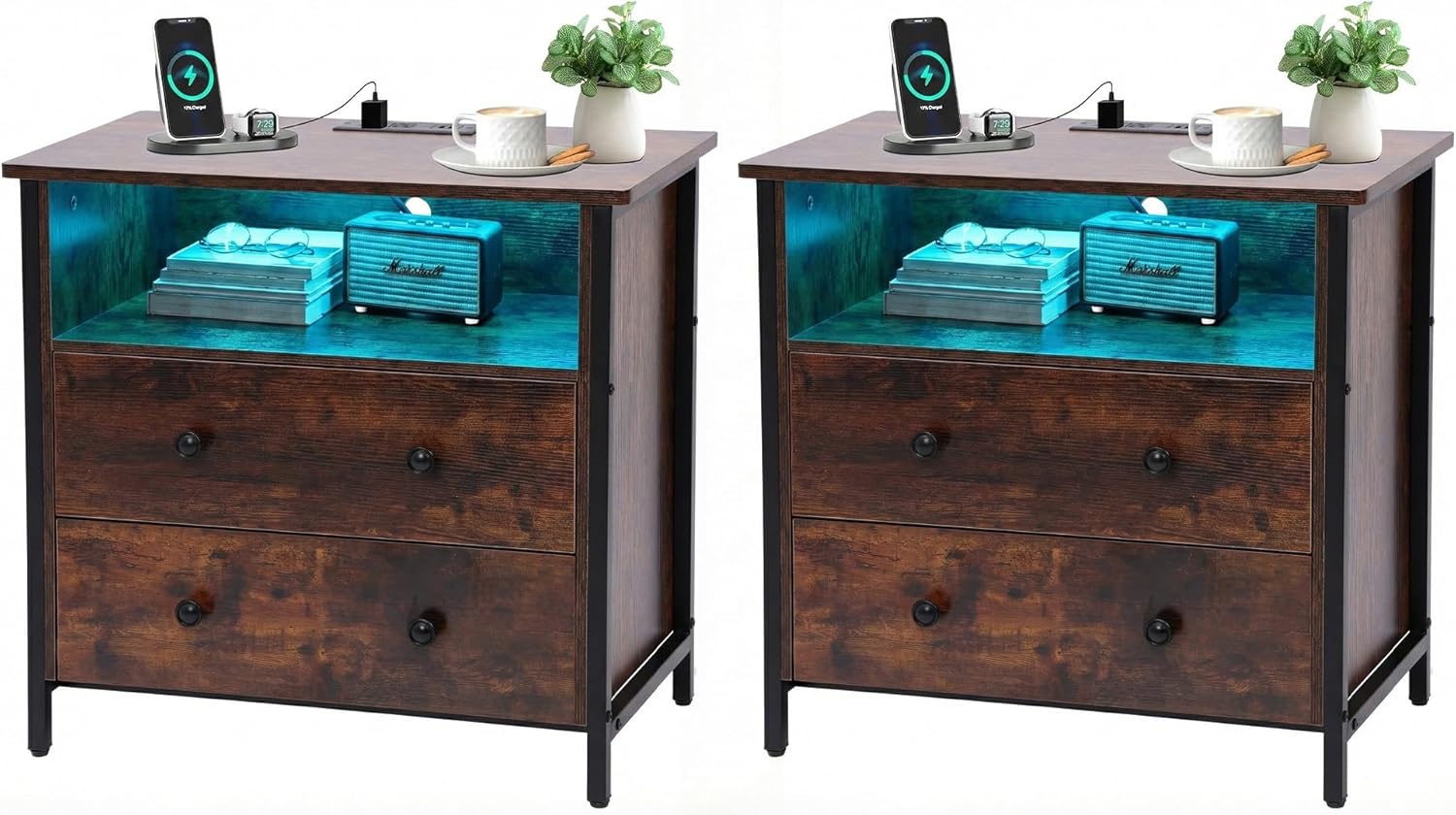 27 Inch Wide Night Stand, Large Wood Night Stand with 2 Drawer, LED Nightstand with Charging Station and Adjustable Drawer, Bedside Table for Living Room/Bedroom/Study/Office, Black.