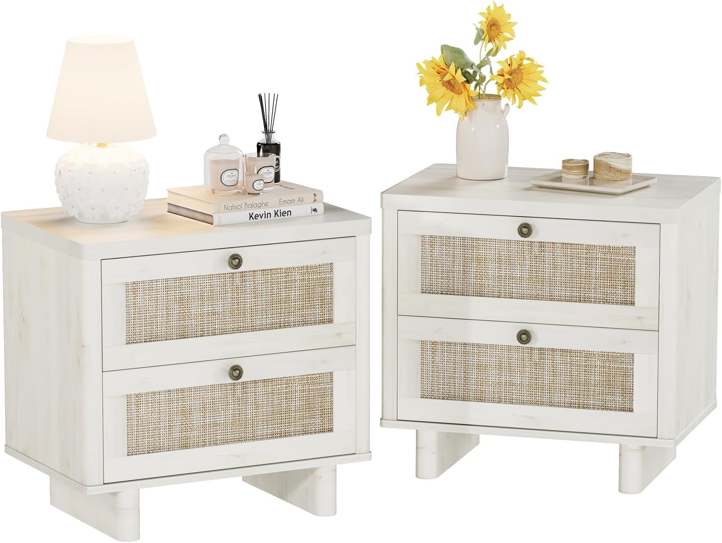 LAZZO Nightstands Set of 2 Large Night Stands 23.6" Wide Bedside Table Set of 2 with 2 Rattan Drawers and Bronze Ring Handles for Bedroom Walnut