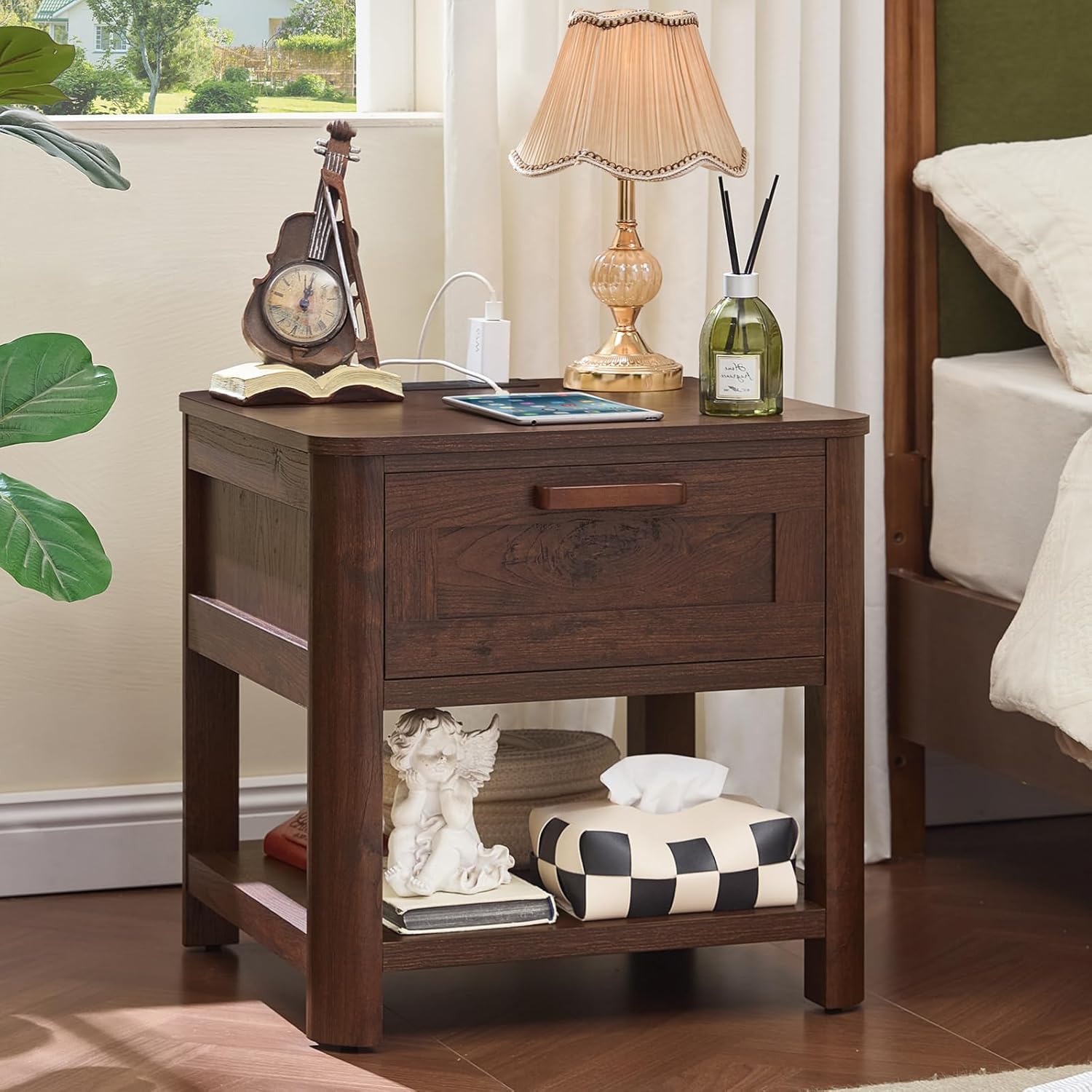 Farmhouse End Table with Charging Station,19.7" Nightstand with Drawer,Walnut Night Stand with Open Storage Shelf,Rustic Wood Bed Sofa Side Table Dresser for Bedroom, Living Room, Closet