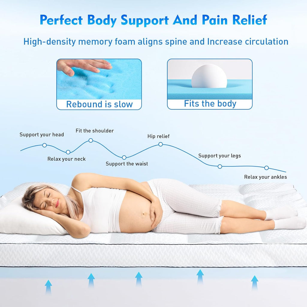 Queen Size 5 Inch Memory Foam Mattress Topper, Dual Layer Design 2 Inch Gel Memory Foam and 3 Inch Plush Pillow Top Mattress Pad Cover Medium Support, Pressure Relief and Back Pain Support