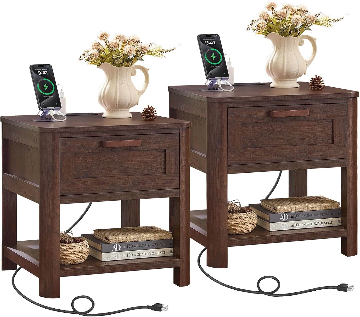 Farmhouse End Table with Charging Station,19.7" Nightstand with Drawer,Walnut Night Stand with Open Storage Shelf,Rustic Wood Bed Sofa Side Table Dresser for Bedroom, Living Room, Closet