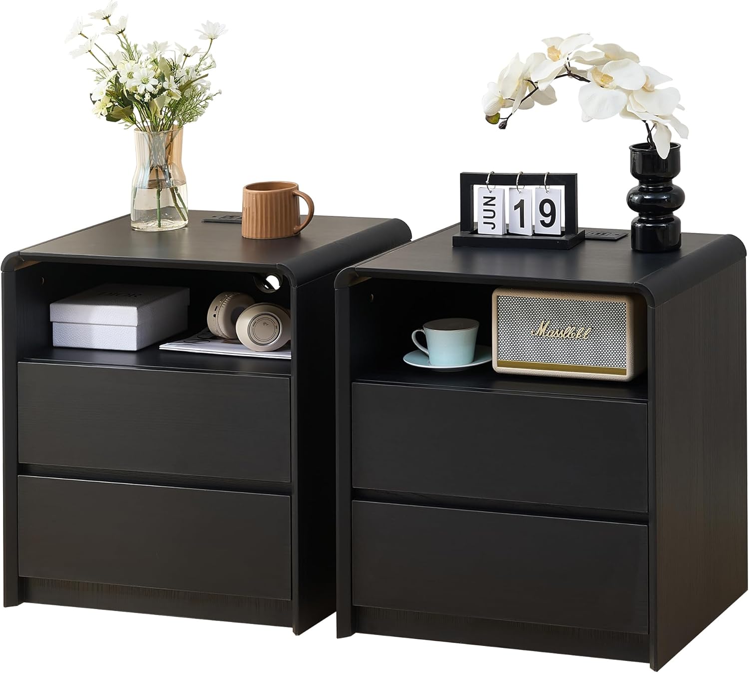 Modern Nightstand for Bedroom,Black Nightstand,2 Storage Drawers Side Table,21.6" Wide Wood Bedside Table with Charging Station,Curved Profile Design,Side Tables Bedroom.