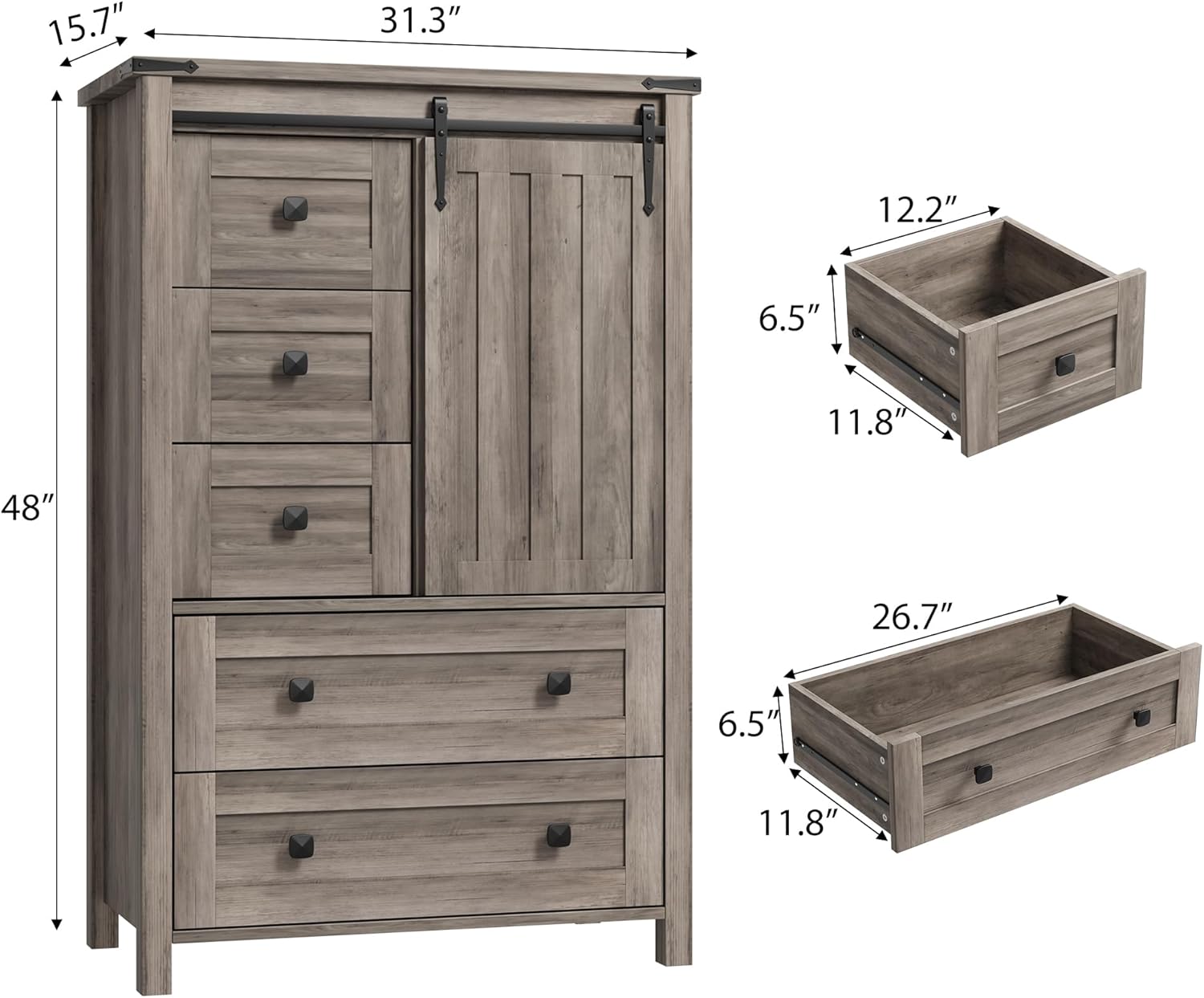 GarveeHome Farmhouse 5 Drawer Dresser for Bedroom, 48 in Tall Wood Dresser Chest of Drawer with Sliding Barn Door, Adjustable Shelf, Storage Organizer for Bedroom, Hallway, Living Room, Kitchen, Grey