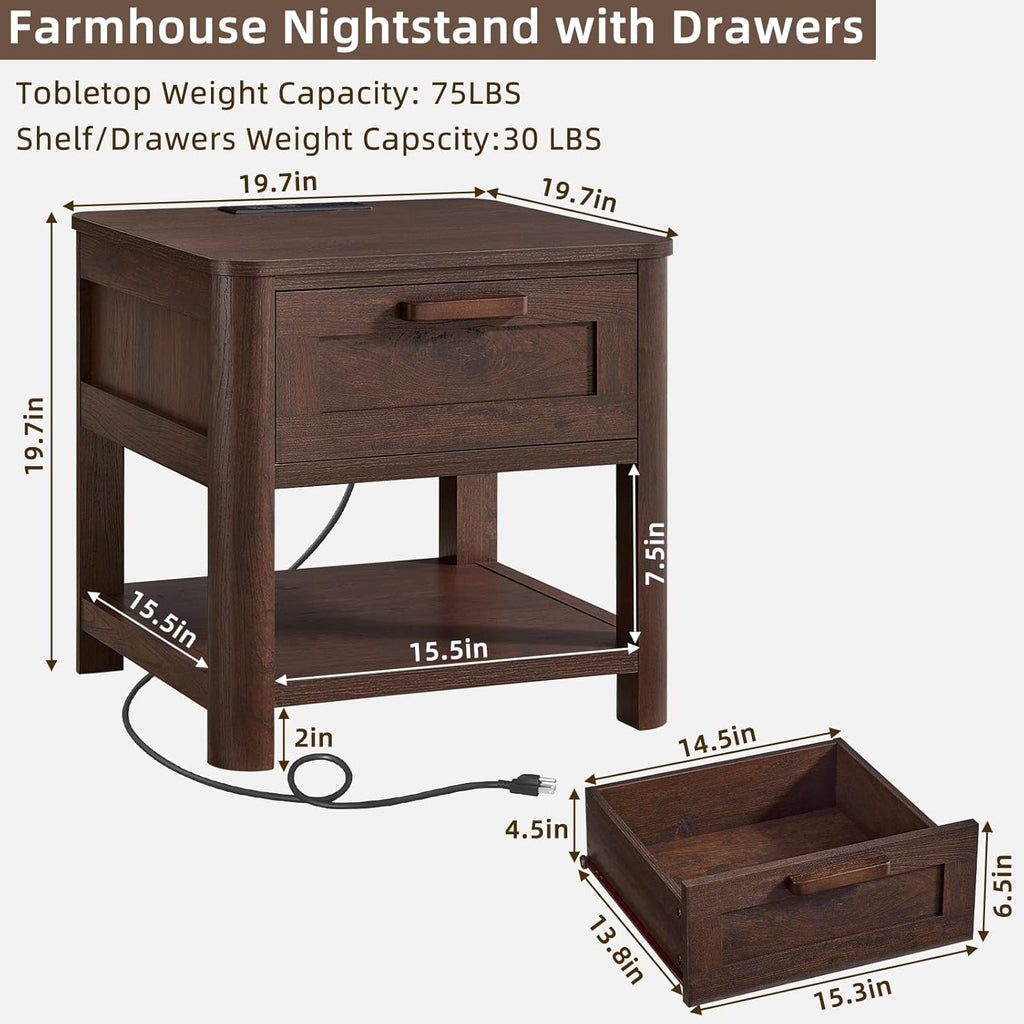 Farmhouse End Table with Charging Station,19.7" Nightstand with Drawer,Walnut Night Stand with Open Storage Shelf,Rustic Wood Bed Sofa Side Table Dresser for Bedroom, Living Room, Closet