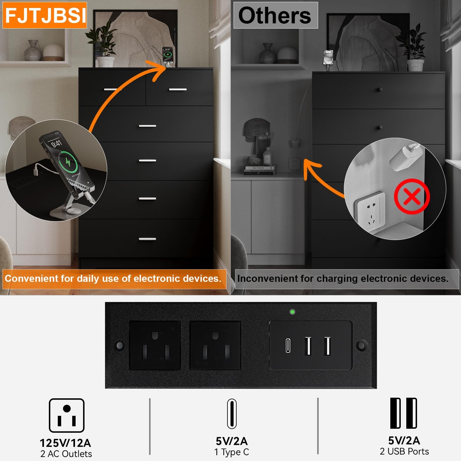 Dresser with Power Outlets Wooden 6 Drawer Dresser with Large Organizer Black Tall Storage Organizer with Smooth Metal Rail Modern Chest of Drawers Closet for Bedroom Hallway