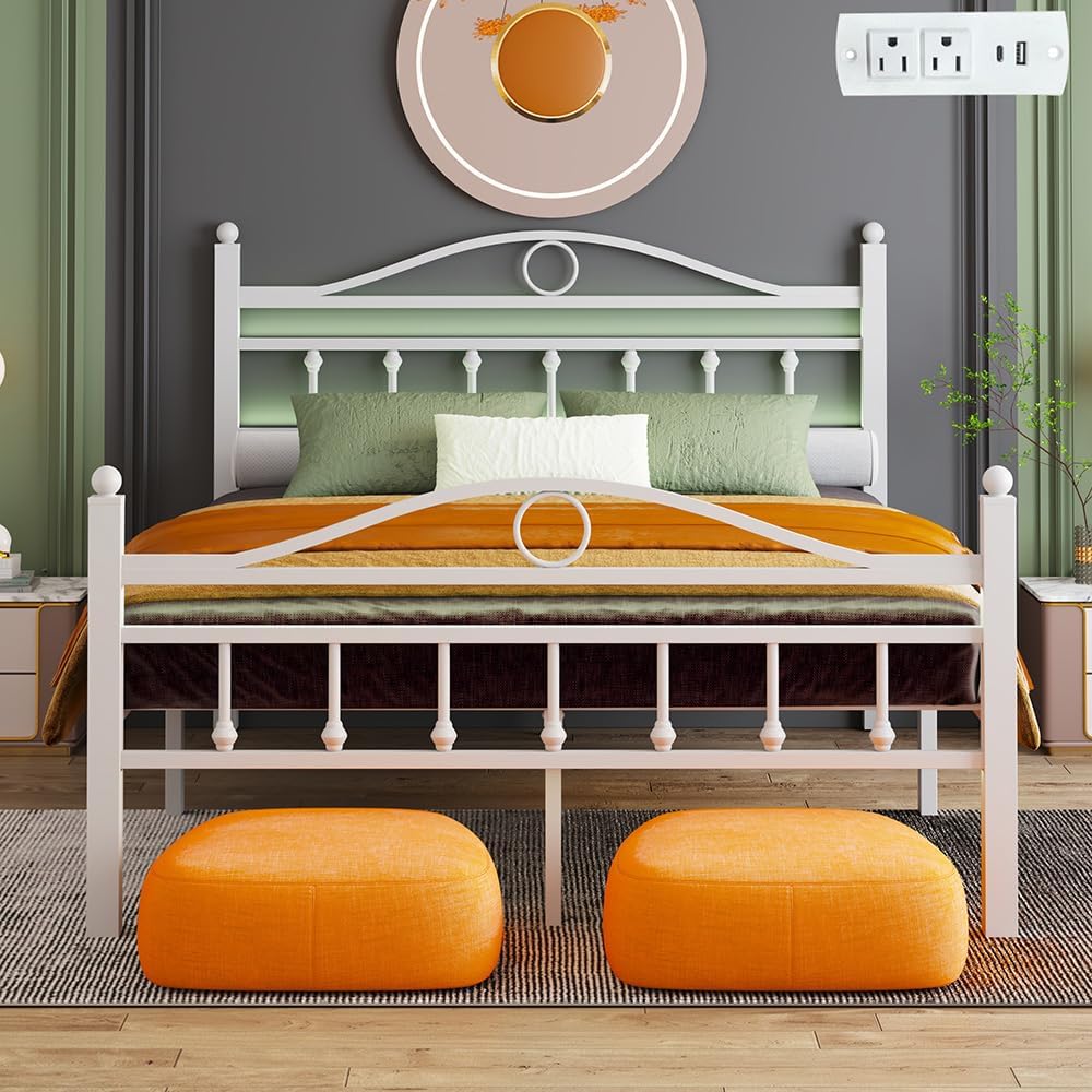 Twin Bed Frames with Headboard, LED Bed Frame with Charging Station, Metal Platform, Under-Bed Storage, No Box Spring Needed, Noise Free, Easy Assembly, Black