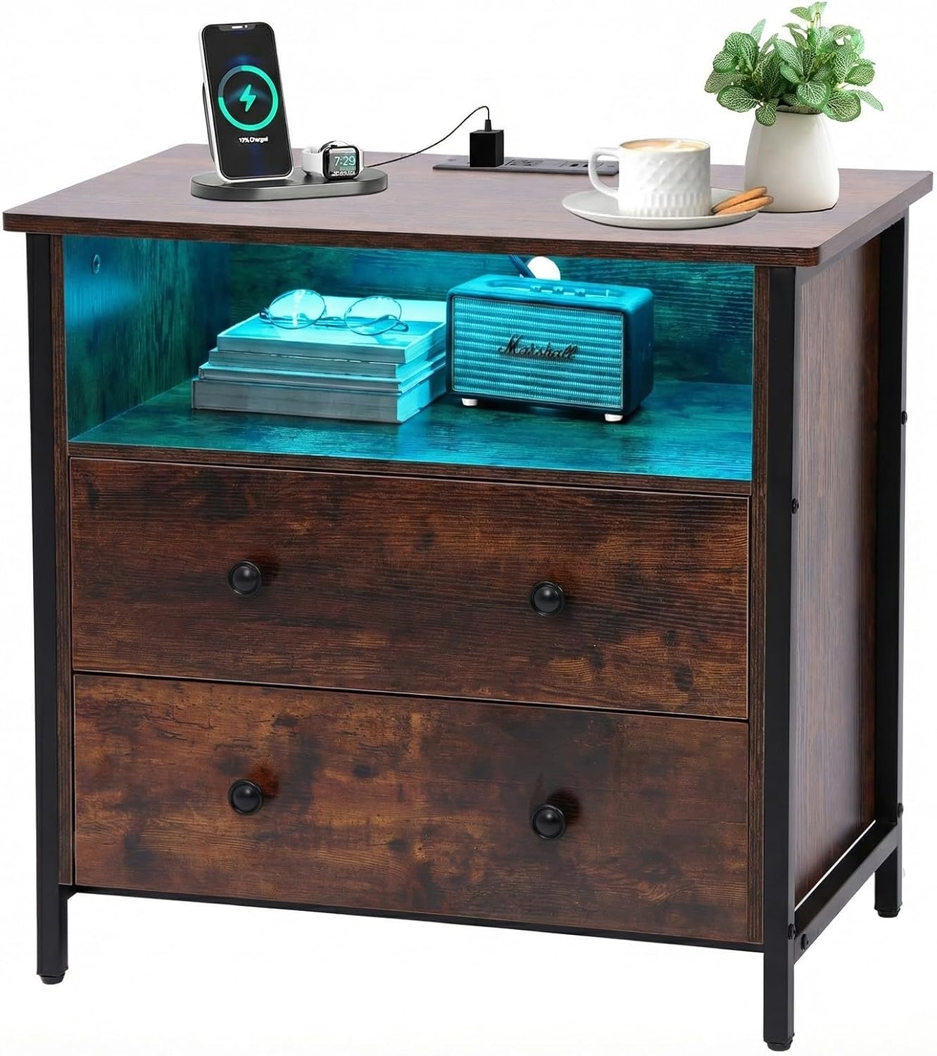 27 Inch Wide Night Stand, Large Wood Night Stand with 2 Drawer, LED Nightstand with Charging Station and Adjustable Drawer, Bedside Table for Living Room/Bedroom/Study/Office, Black.