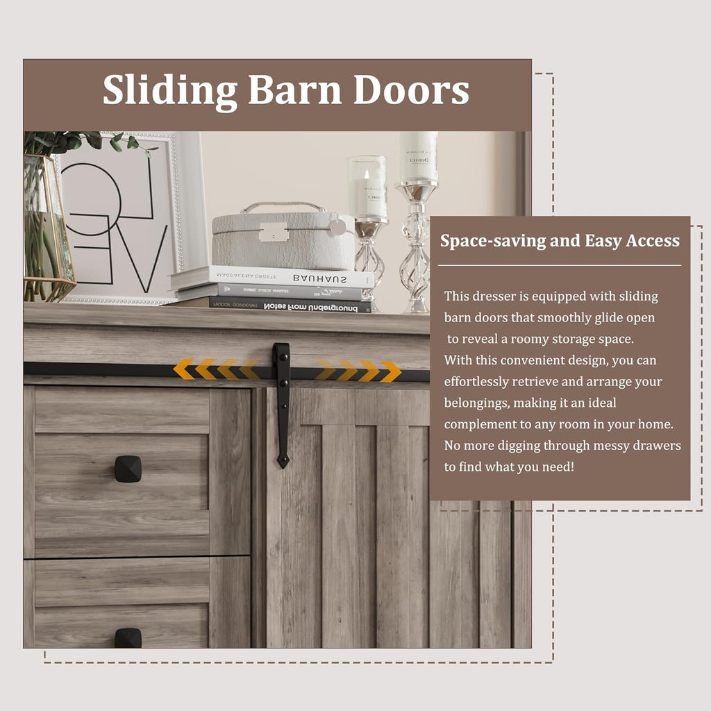 GarveeHome Farmhouse 5 Drawer Dresser for Bedroom, 48 in Tall Wood Dresser Chest of Drawer with Sliding Barn Door, Adjustable Shelf, Storage Organizer for Bedroom, Hallway, Living Room, Kitchen, Grey