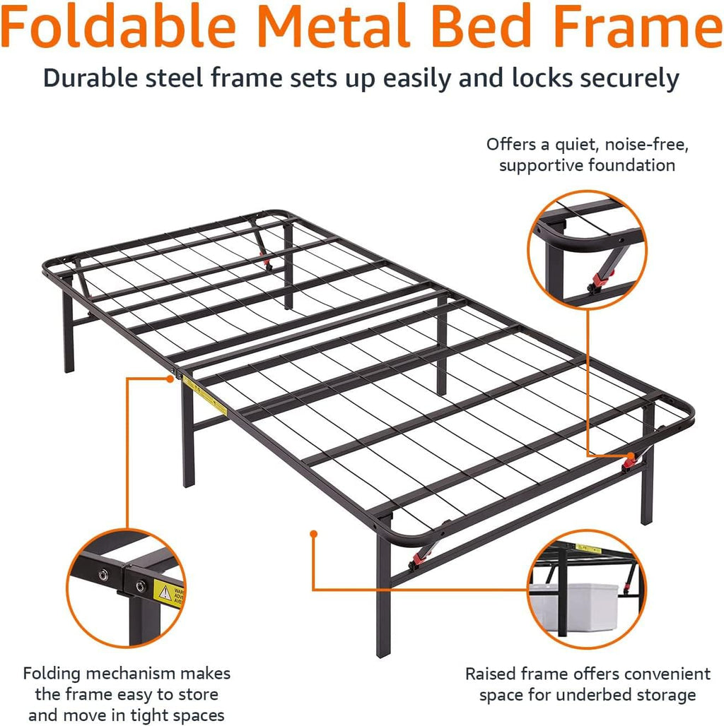 Amazon Basics Bed Frame with Storage, Foldable Metal Platform, Sturdy Steel, No Box Spring Needed, 14-inch High, Tool-Free Setup, Twin Size, Black