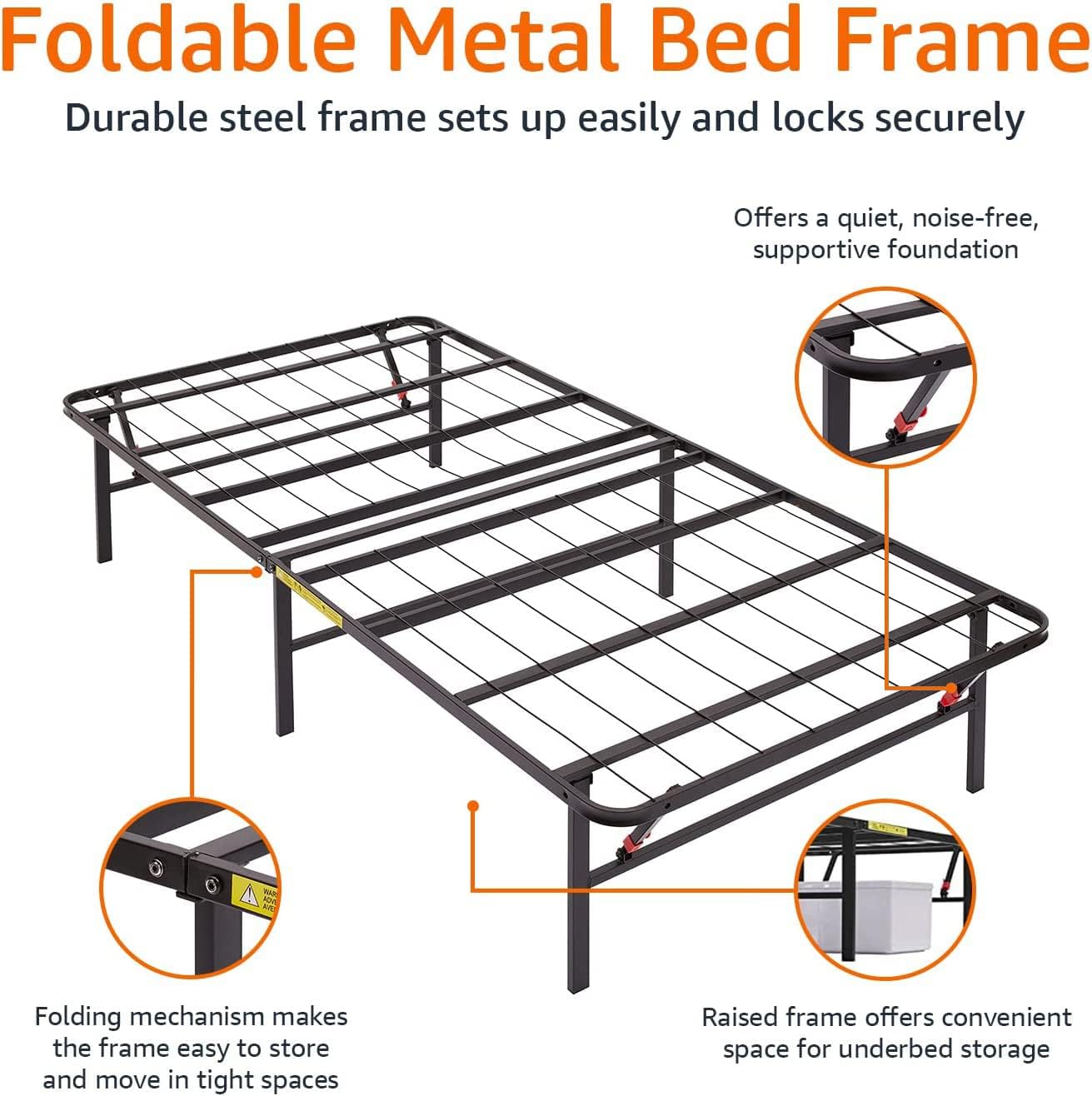 Amazon Basics Bed Frame with Storage, Foldable Metal Platform, Sturdy Steel, No Box Spring Needed, 14-inch High, Tool-Free Setup, Twin Size, Black