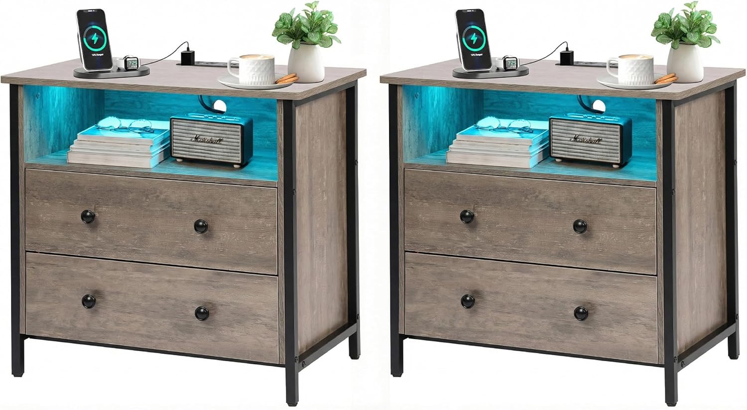 27 Inch Wide Night Stand, Large Wood Night Stand with 2 Drawer, LED Nightstand with Charging Station and Adjustable Drawer, Bedside Table for Living Room/Bedroom/Study/Office, Black.