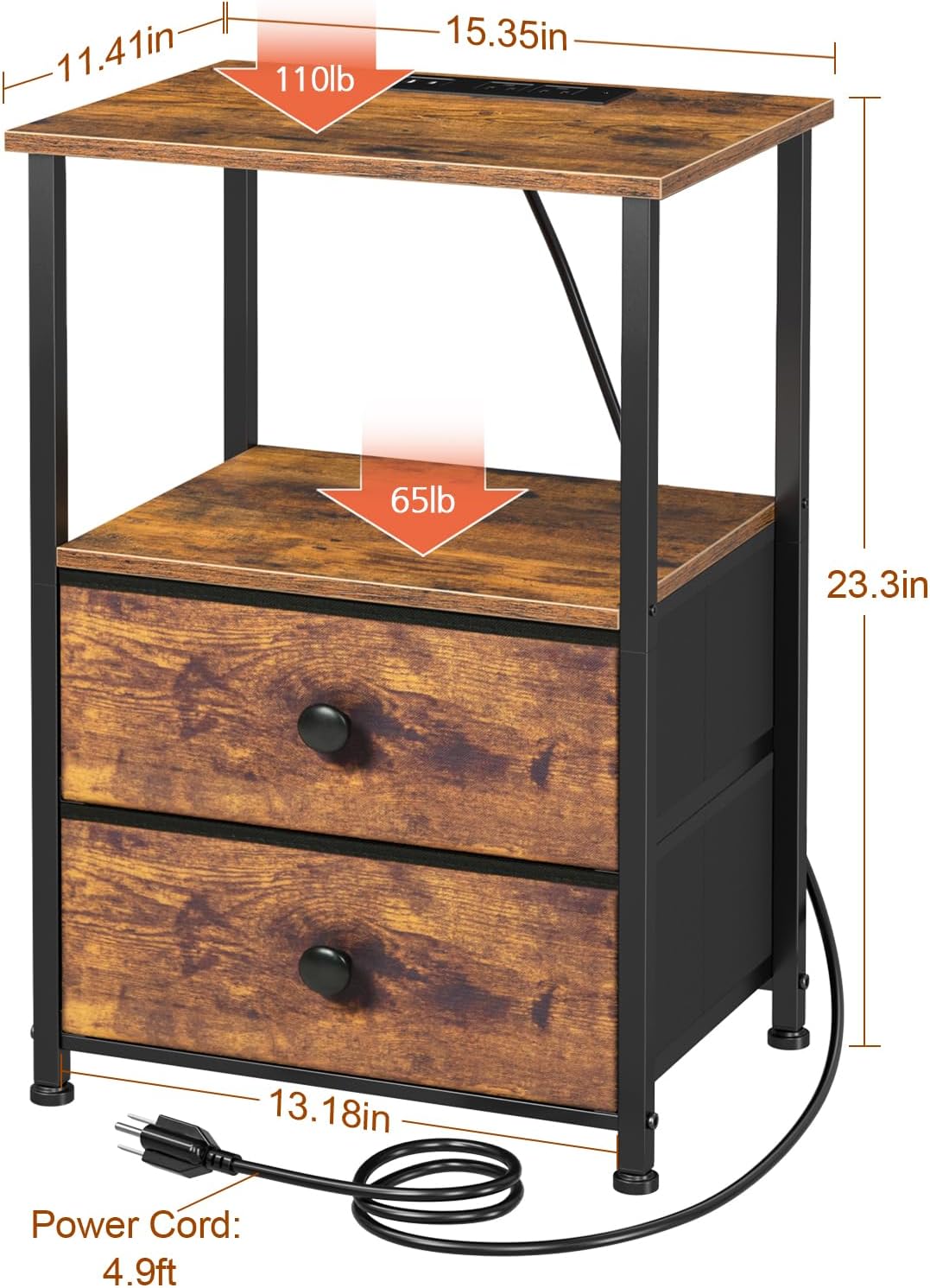 Night Stand Set 2, Nightstand with Charging Station, End Tables with Storage Shelf for Small Spaces, Bedside Table Side Tables with 2 Fabric Drawers for Bedroom, Rustic Brown, HETS020PBR