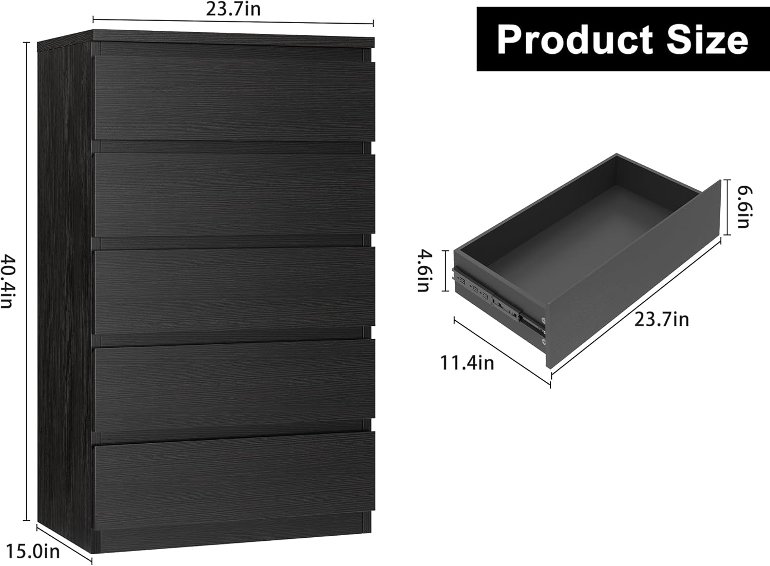 Black 5 Drawer Dresser for Bedroom, 15" D x 23.7" W x 40.4" H in Simply Chest of Drawers, Wood Storage Dresser with Drawers for Living Room Hallway Entryway, Black
