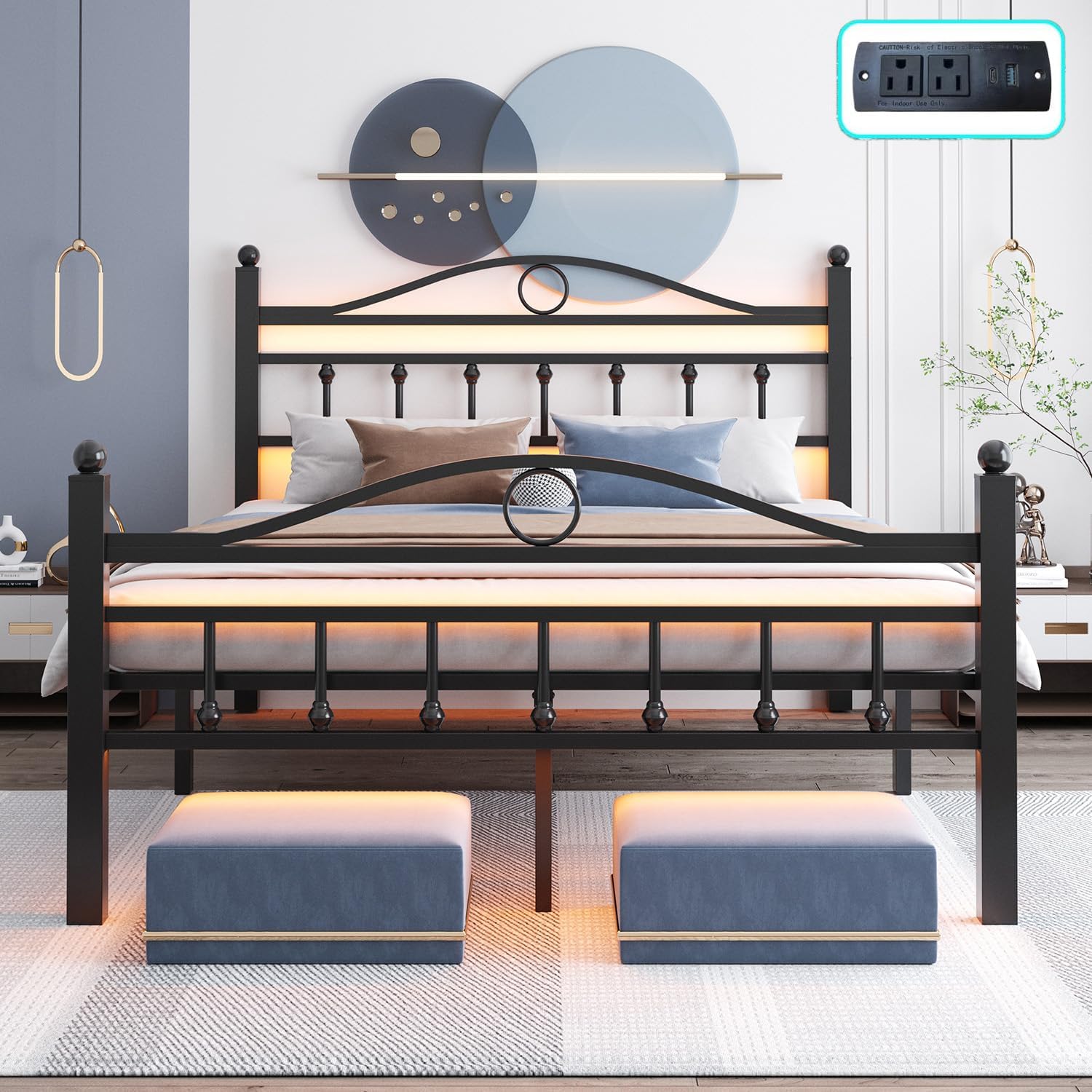 Twin Bed Frames with Headboard, LED Bed Frame with Charging Station, Metal Platform, Under-Bed Storage, No Box Spring Needed, Noise Free, Easy Assembly, Black