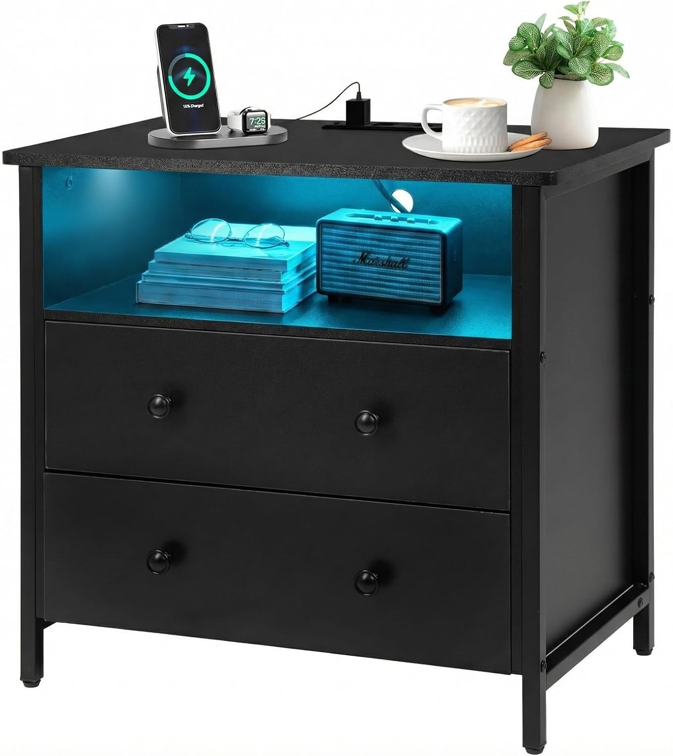 27 Inch Wide Night Stand, Large Wood Night Stand with 2 Drawer, LED Nightstand with Charging Station and Adjustable Drawer, Bedside Table for Living Room/Bedroom/Study/Office, Black.