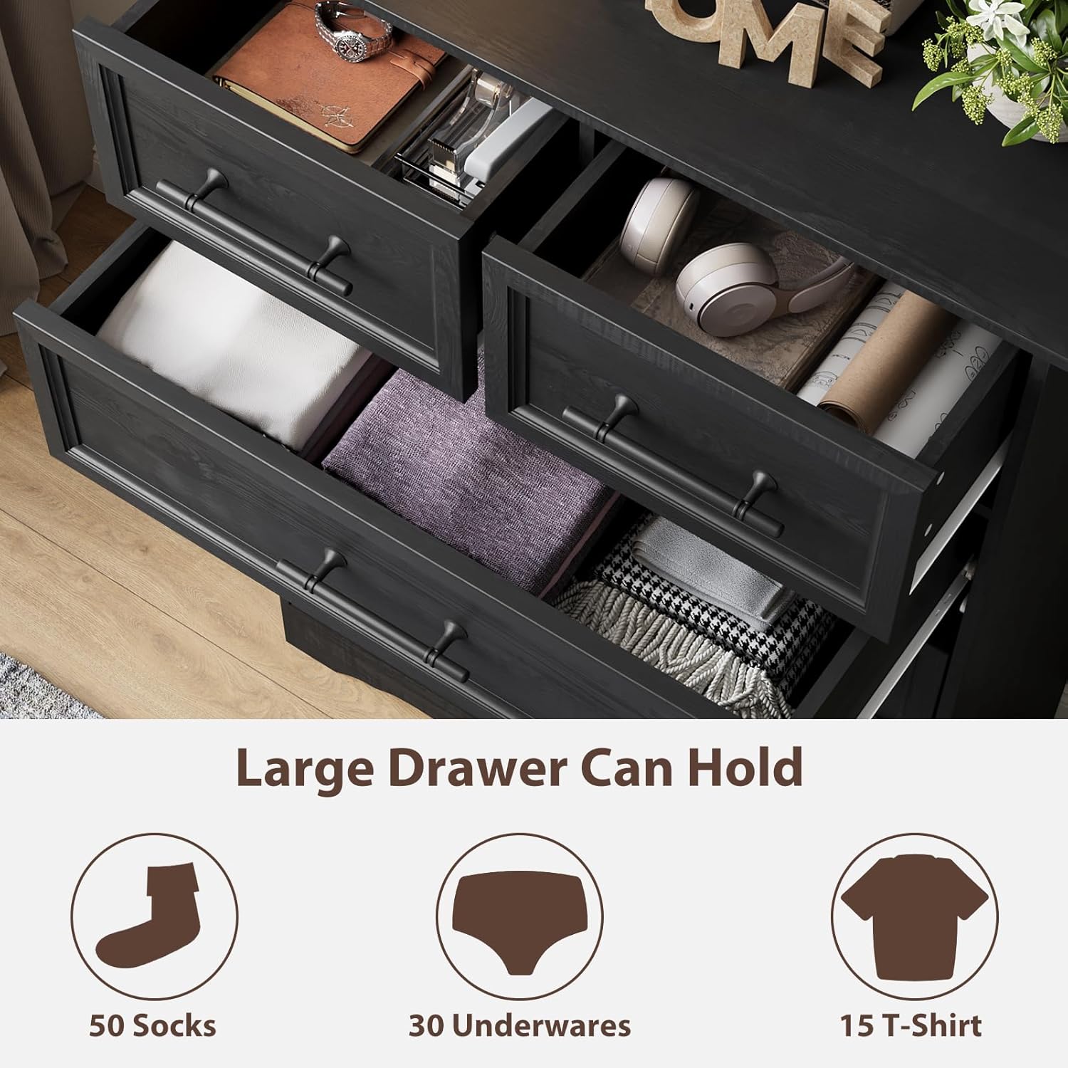 Black Dresser for Bedroom, Modern 6 Chest of Drawers, 44" Tall Chest of Drawers w/Brushed Metal Handle, Wood Closet Organizers and Storage Cabinet for Bedroom, Living Room, Hallway