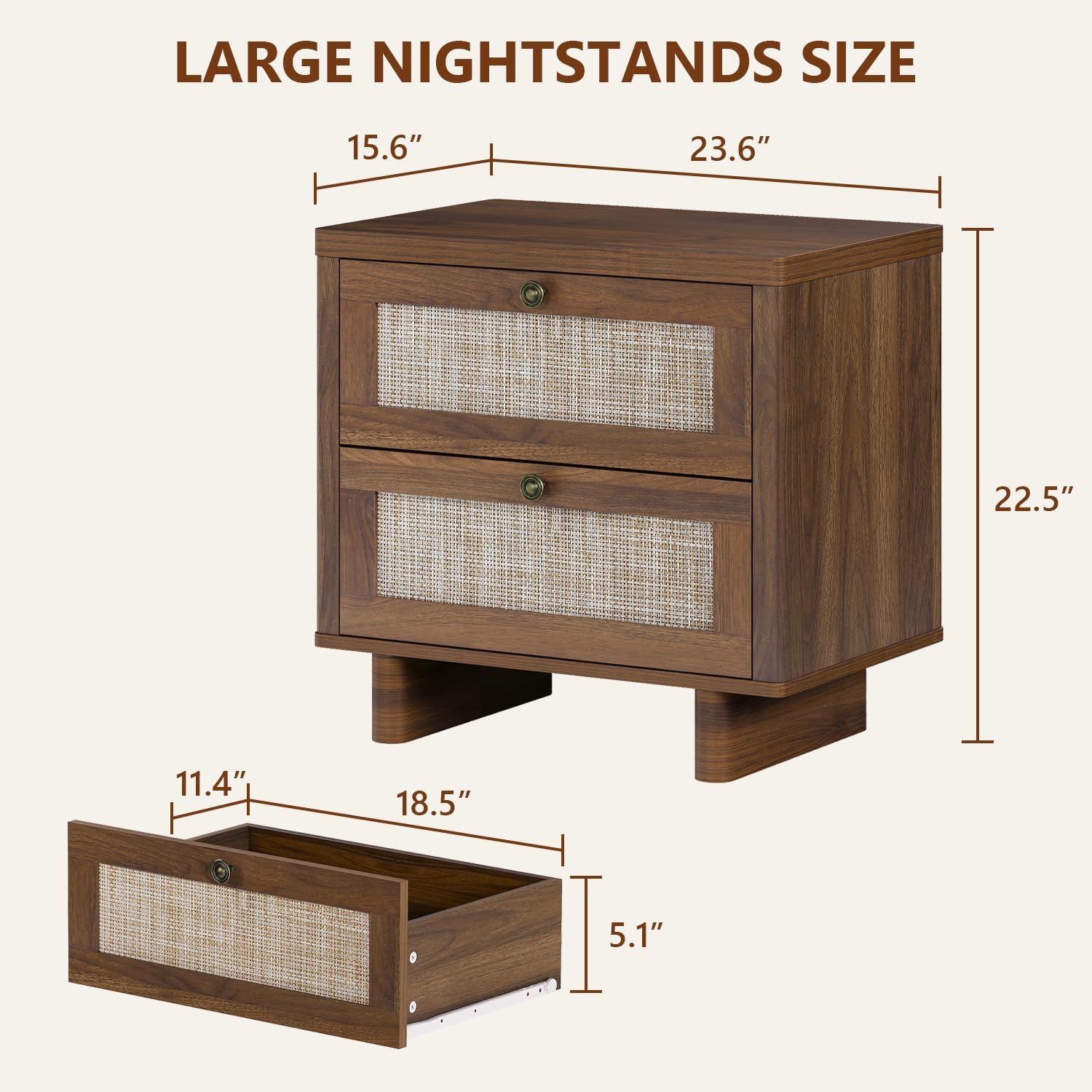 LAZZO Nightstands Set of 2 Large Night Stands 23.6" Wide Bedside Table Set of 2 with 2 Rattan Drawers and Bronze Ring Handles for Bedroom Walnut