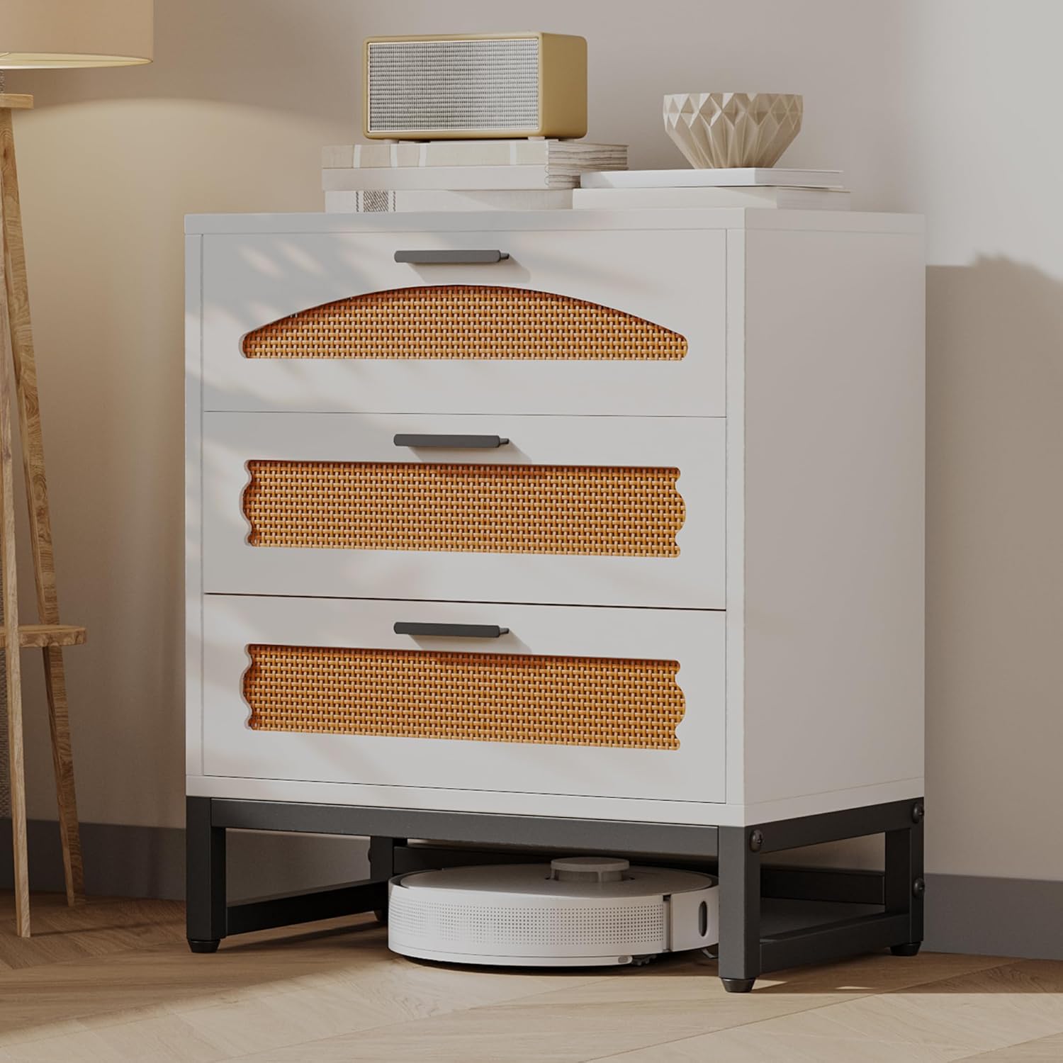 Mericonia 4 Drawer Rattan Dresser for Bedroom, Wood Tall Dresser for Closet with Metal Handles, Boho Nightstand Sets, Dressers & Chests of Drawers for Bedroom, Hallway and Entryway, White