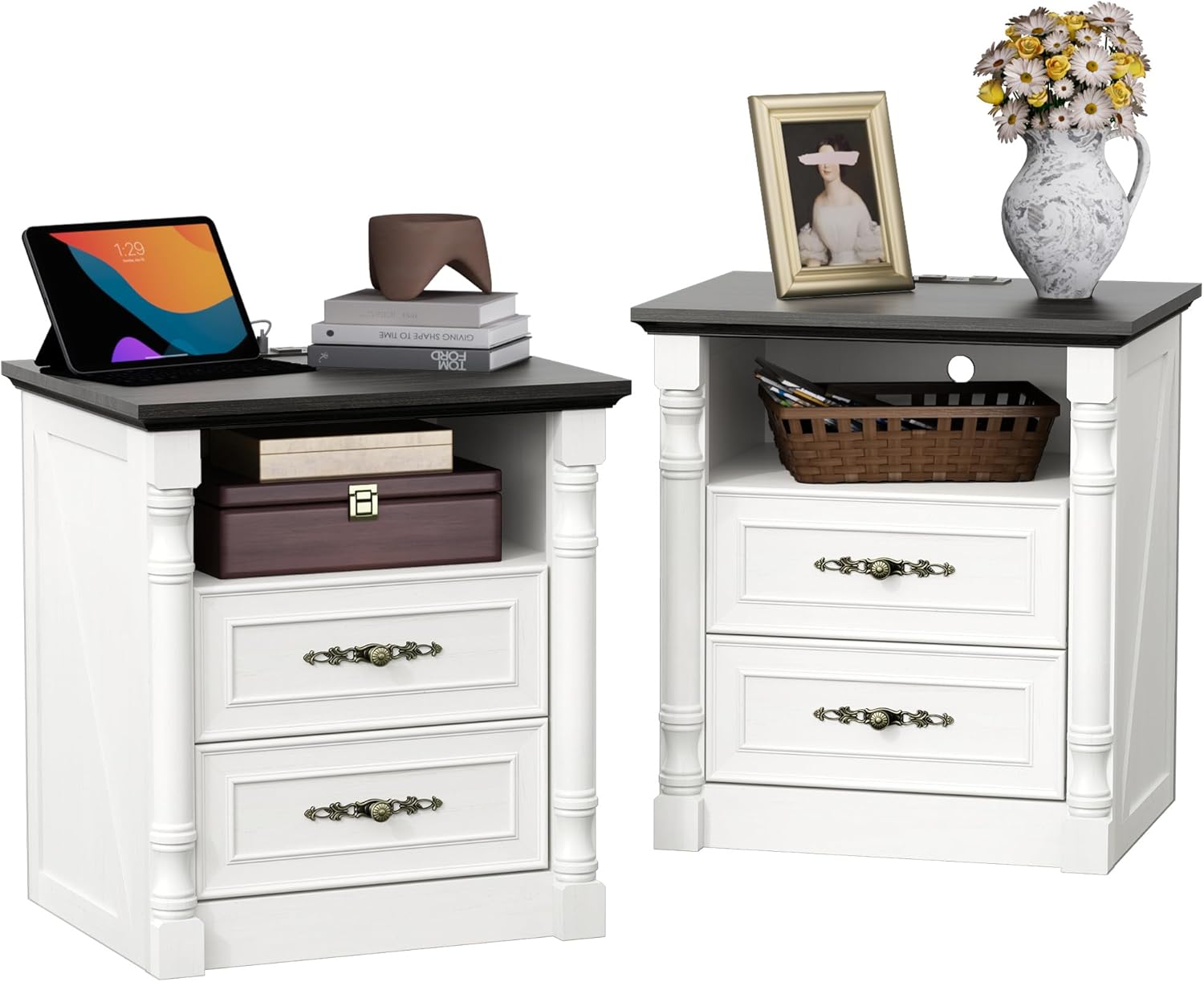 Modern Nightstand with Charging Station, 23.6" Wide Wood Night Stand with 2 Storage Drawers and Curved Edge, Farmhouse Fluted Bedside Table, Bed Side Table, Small End Table for Bedroom, Natural Oak