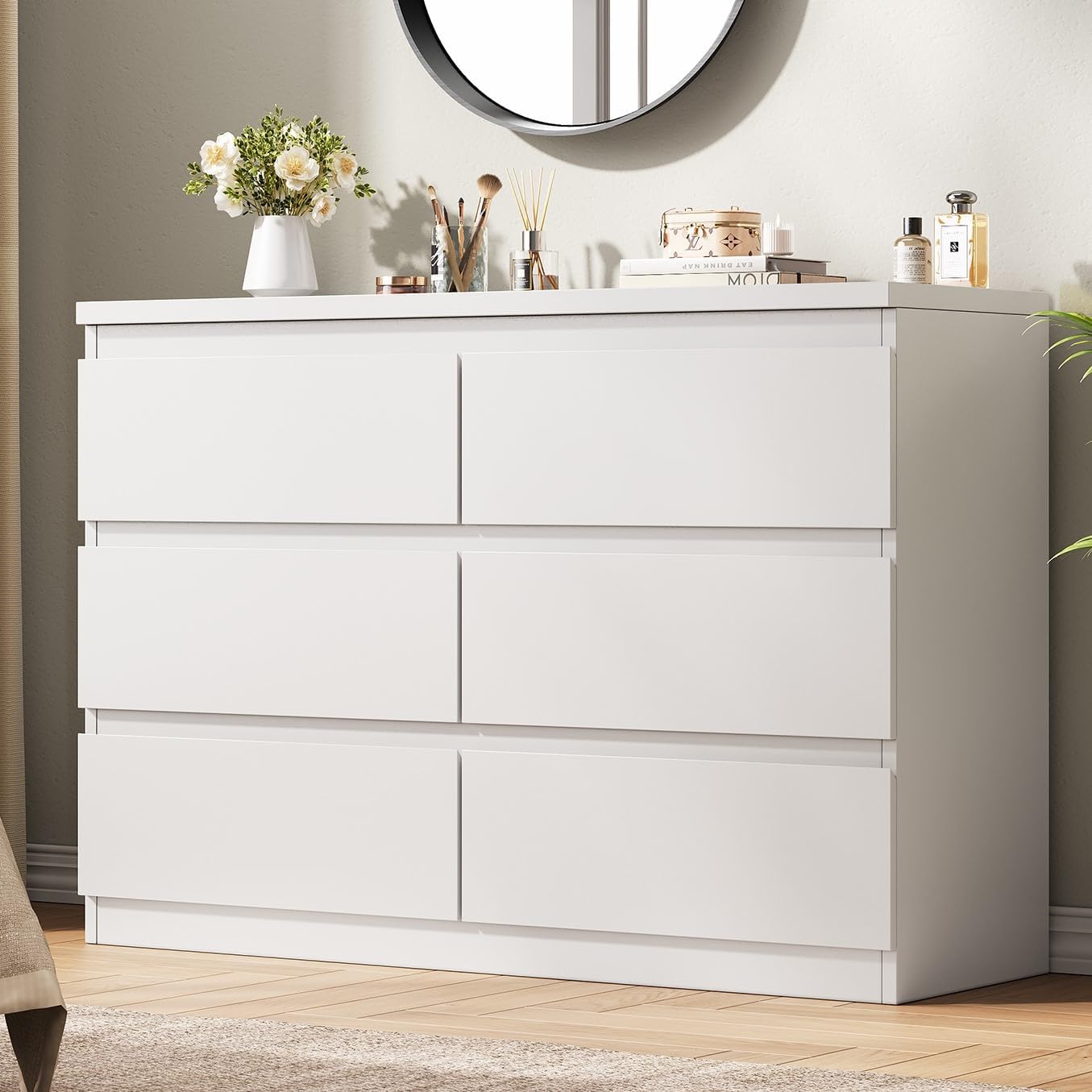 White 6 Drawer Dresser for Bedroom, 15.3" D x 47.2" W x 32.3" H in Simply Modern Chest of Drawers, Wood Storage Double Dresser with Deep Drawers for Living Room, Hallway Entryway, White