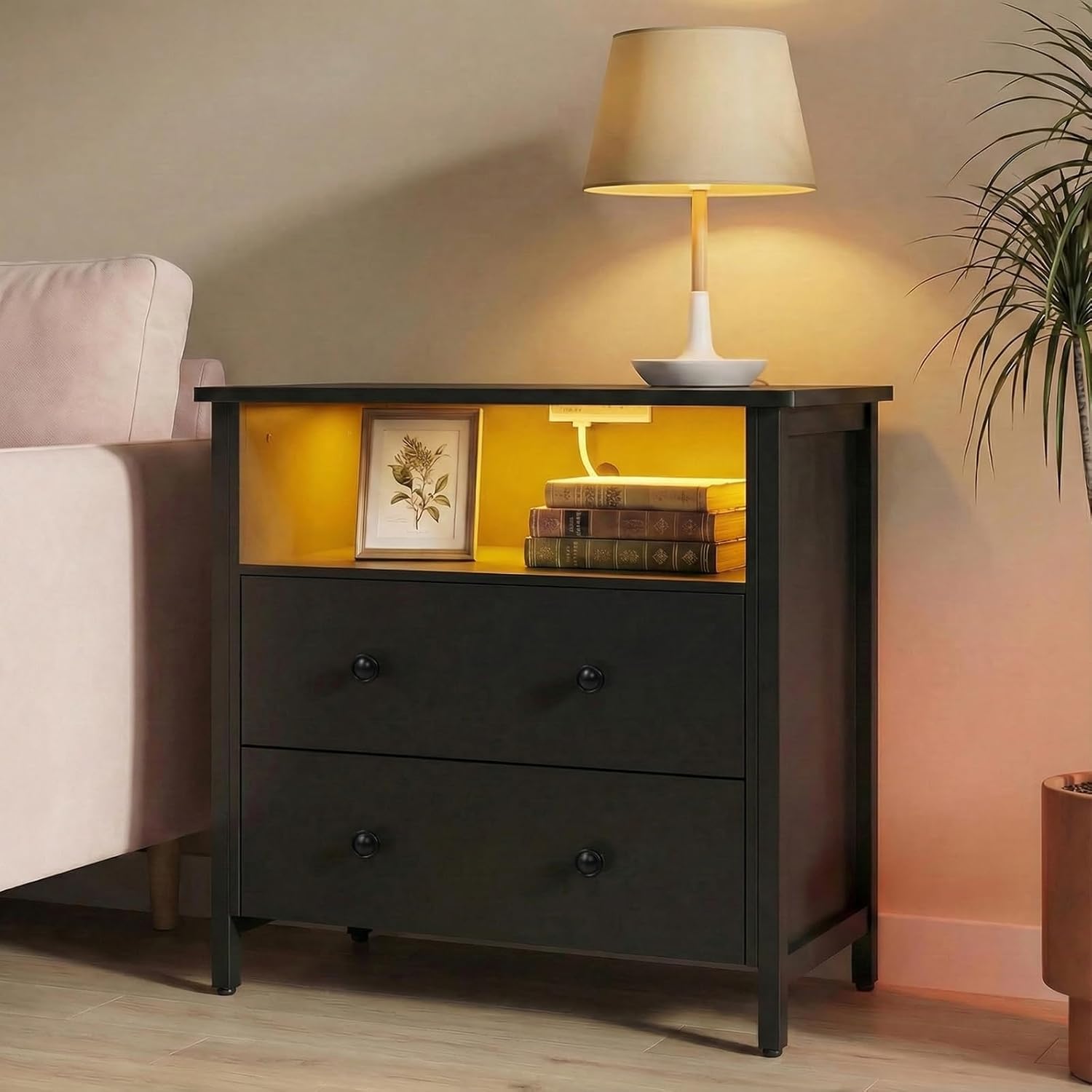 27 Inch Wide Night Stand, Large Wood Night Stand with 2 Drawer, LED Nightstand with Charging Station and Adjustable Drawer, Bedside Table for Living Room/Bedroom/Study/Office, Black.