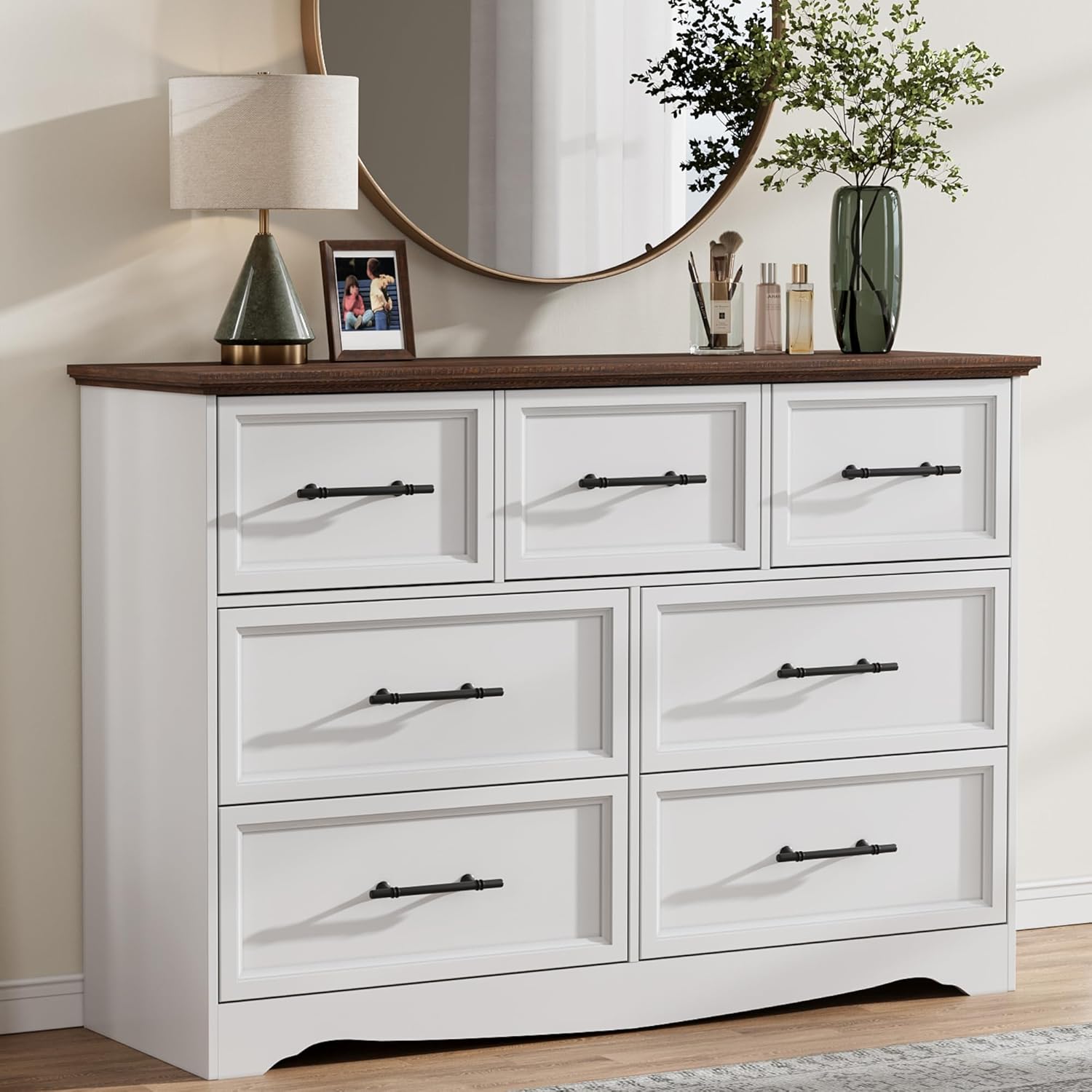 Black Dresser for Bedroom, Modern 6 Chest of Drawers, 44" Tall Chest of Drawers w/Brushed Metal Handle, Wood Closet Organizers and Storage Cabinet for Bedroom, Living Room, Hallway