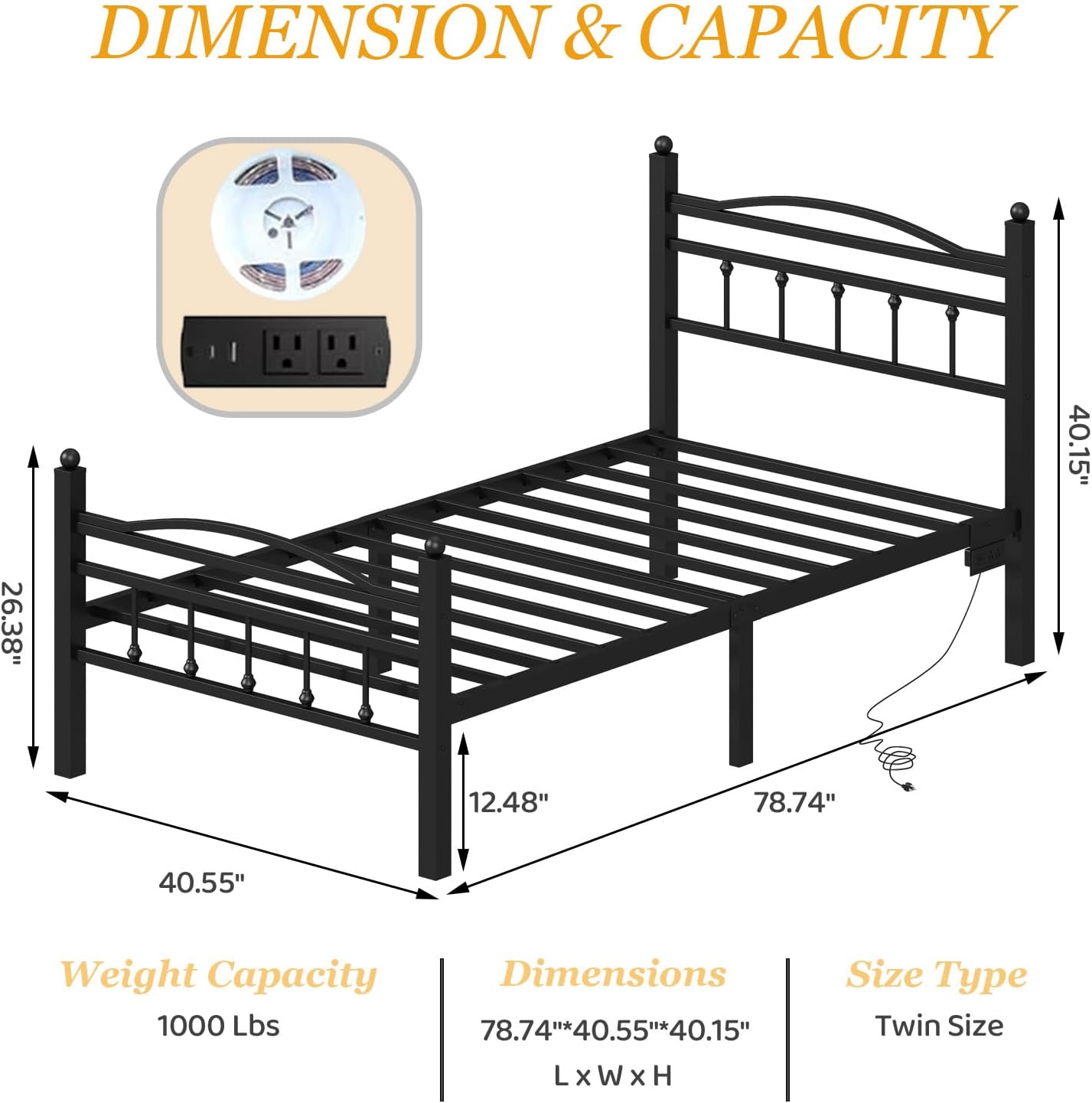 Twin Bed Frames with Headboard, LED Bed Frame with Charging Station, Metal Platform, Under-Bed Storage, No Box Spring Needed, Noise Free, Easy Assembly, Black