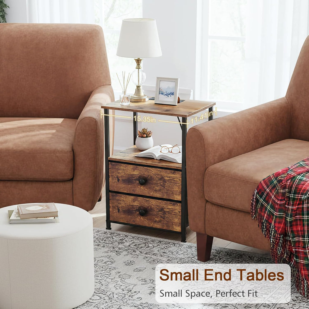 Night Stand Set 2, Nightstand with Charging Station, End Tables with Storage Shelf for Small Spaces, Bedside Table Side Tables with 2 Fabric Drawers for Bedroom, Rustic Brown, HETS020PBR