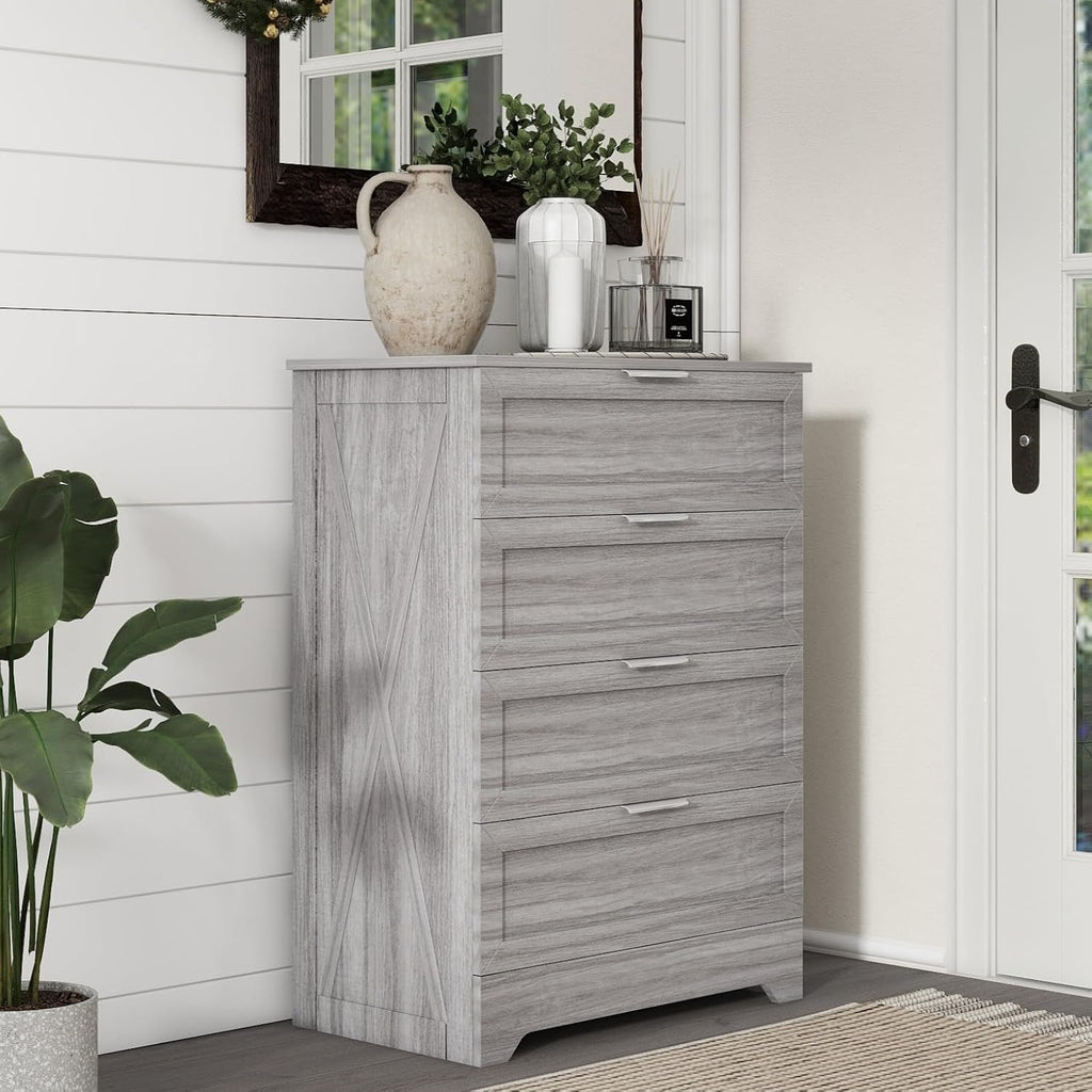 Farmhouse 4 Drawer Dresser for Bedroom, Tall Bedroom Dresser with Large Drawer & Silver Handles, Wooden Storage Organizer Cabinet Chest of Drawer for Closet, Living Room, Hallway, Wash Grey