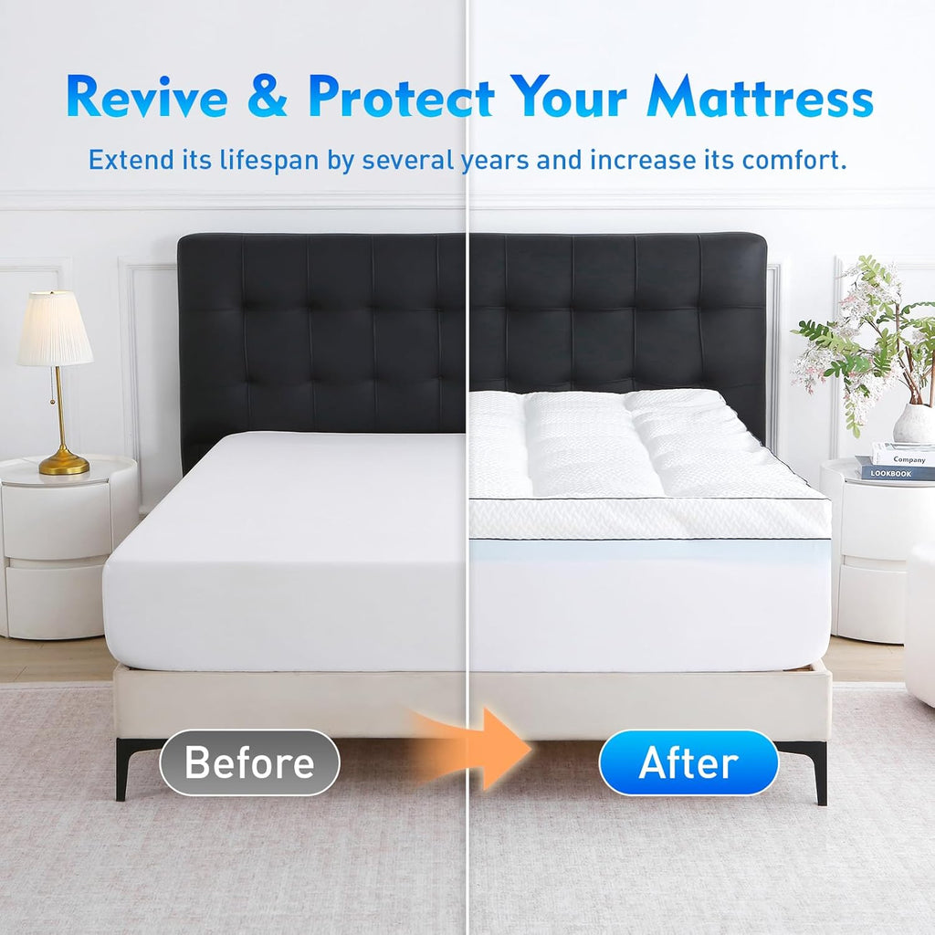 Queen Size 5 Inch Memory Foam Mattress Topper, Dual Layer Design 2 Inch Gel Memory Foam and 3 Inch Plush Pillow Top Mattress Pad Cover Medium Support, Pressure Relief and Back Pain Support