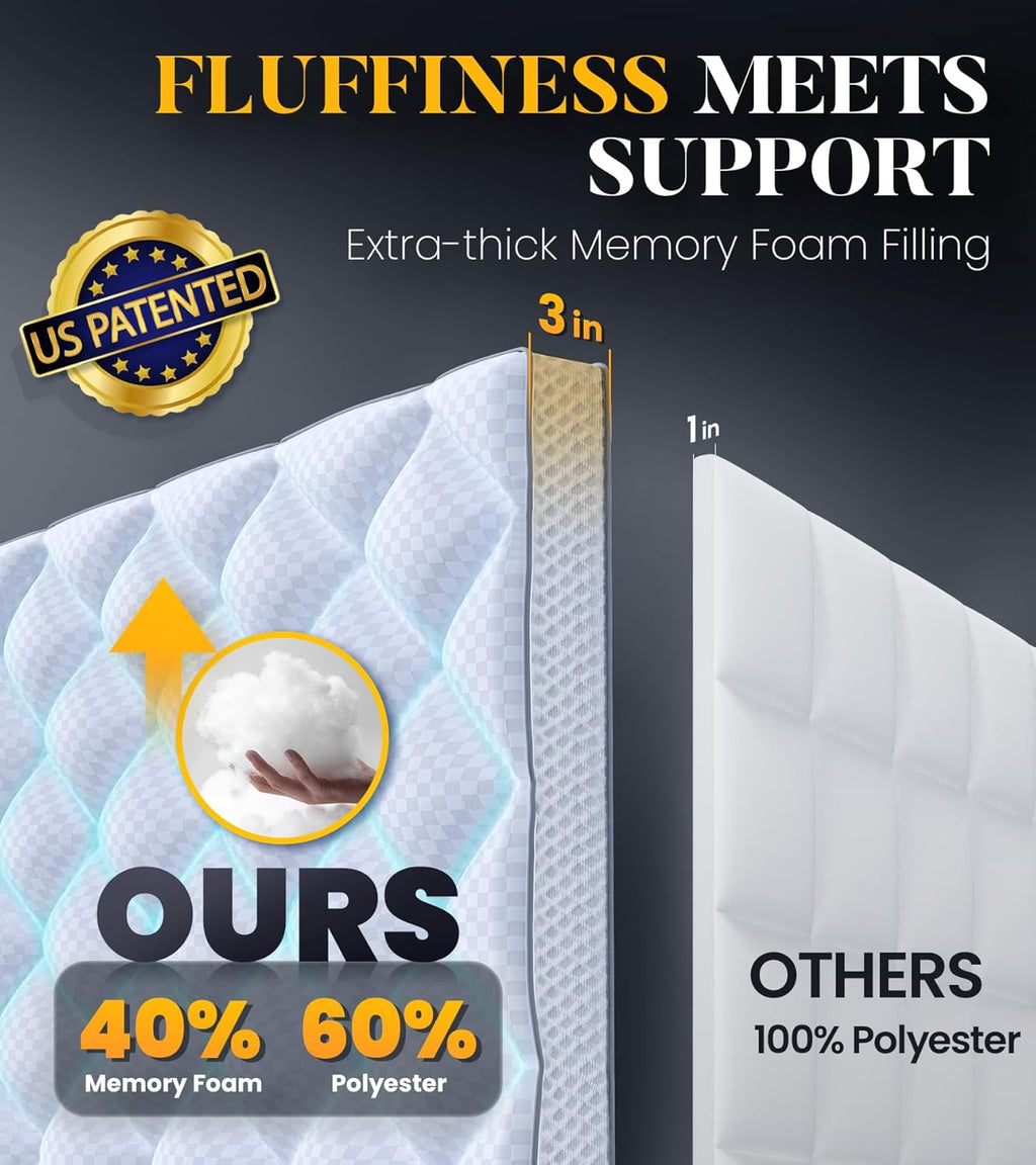 3 Inch Ultra-Fluffy Memory Foam Mattress Topper Queen for Back Pain, Soft Comfy Pillow Top Queen Mattress Topper with 4X Support, Mattress Pad with Breathable Air Mesh Sides, 6-21'' Deep Pocket