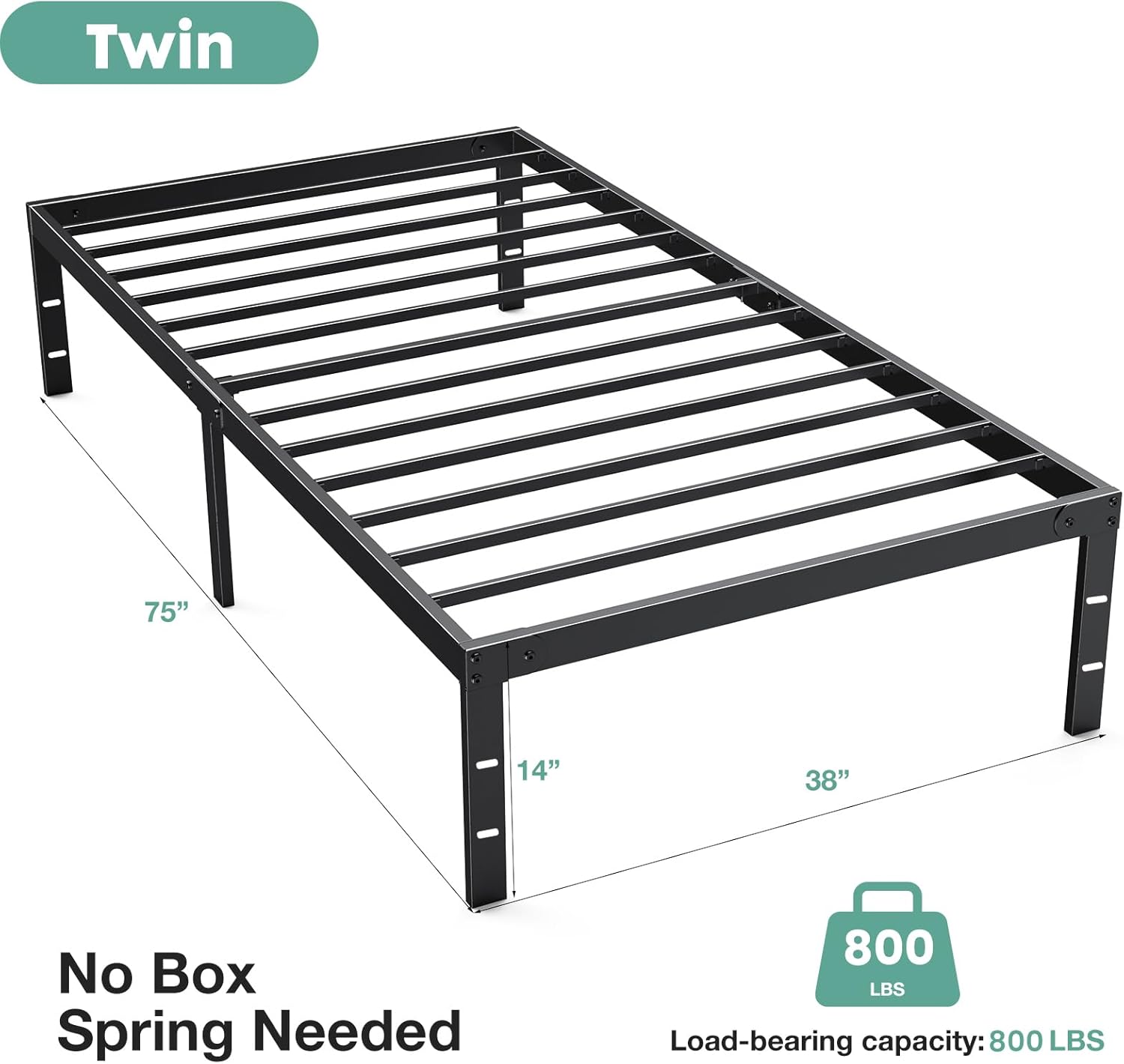 Sweetcrispy Twin Bed Frame - Heavy Duty Metal Platform Bed Frames Twin Size with Storage Space Under Frame, No Box Spring Needed, 14 Inches, Sturdy Steel Slat Support